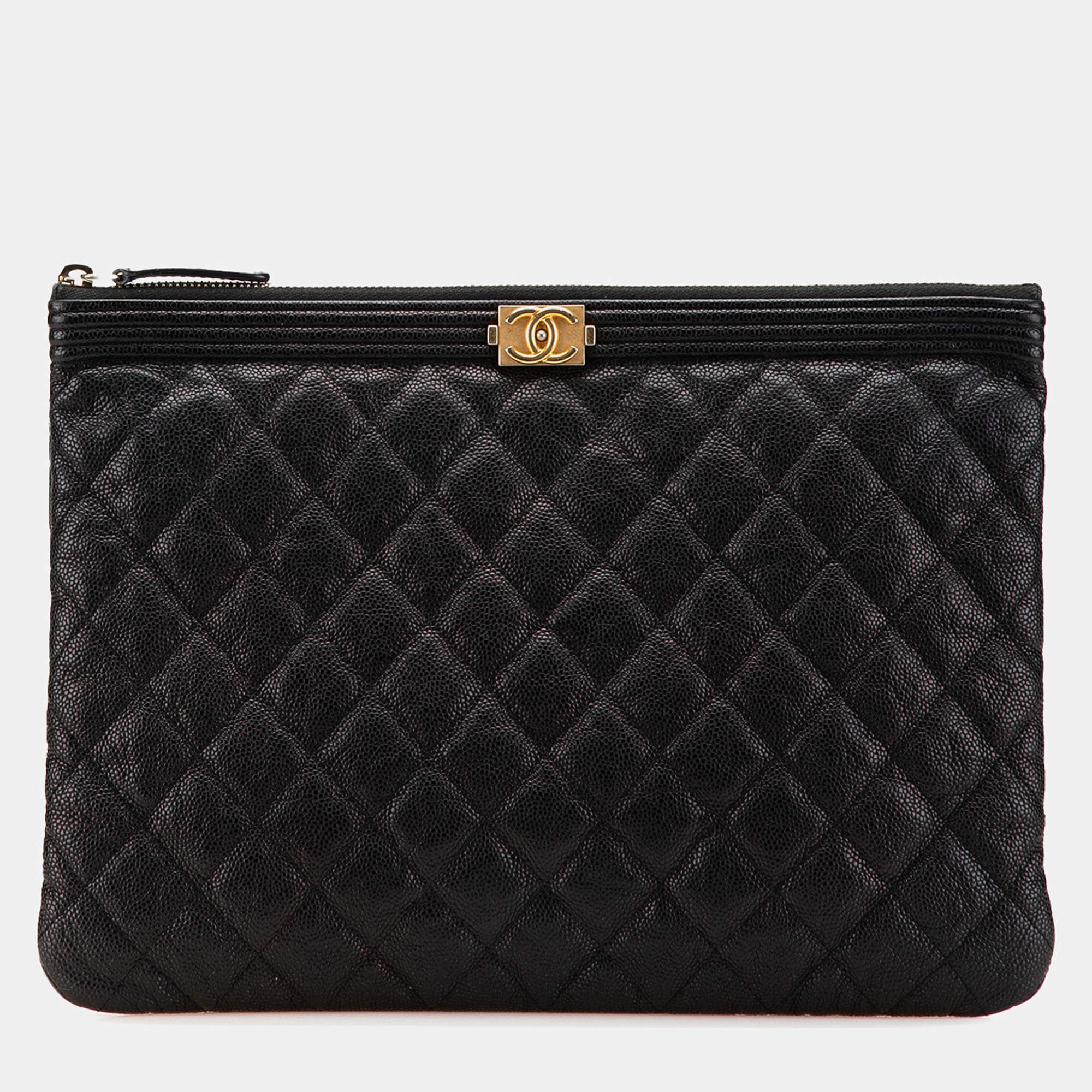 Chanel Black Caviar Quilted Boy O Case Medium Clutch Bag