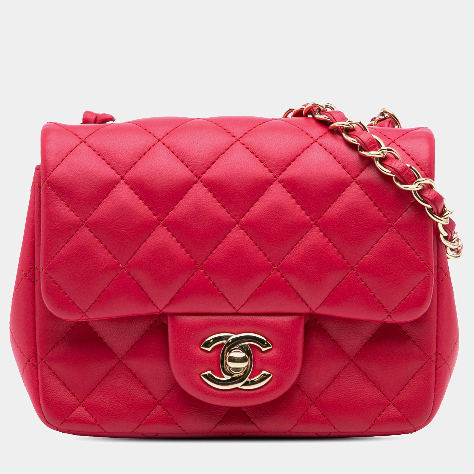 Pre Owned Chanel Pink Lambskin Quilted Mini Square Classic Single Flap Bag
