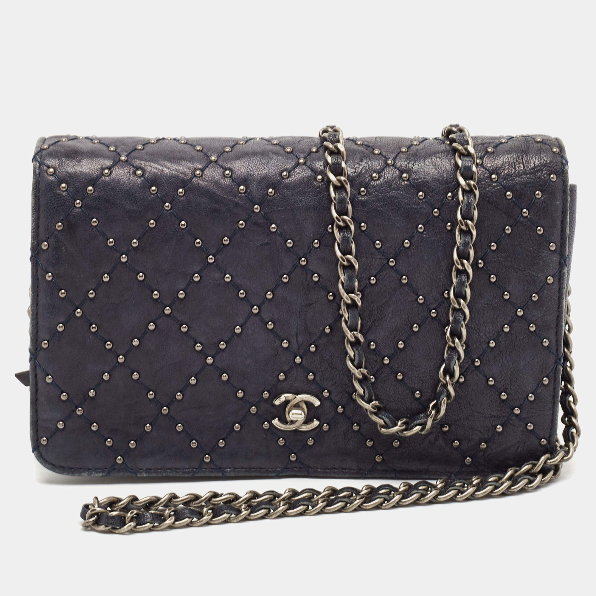 Chanel Navy Blue Quilted Leather CC Studded Wallet On Chain