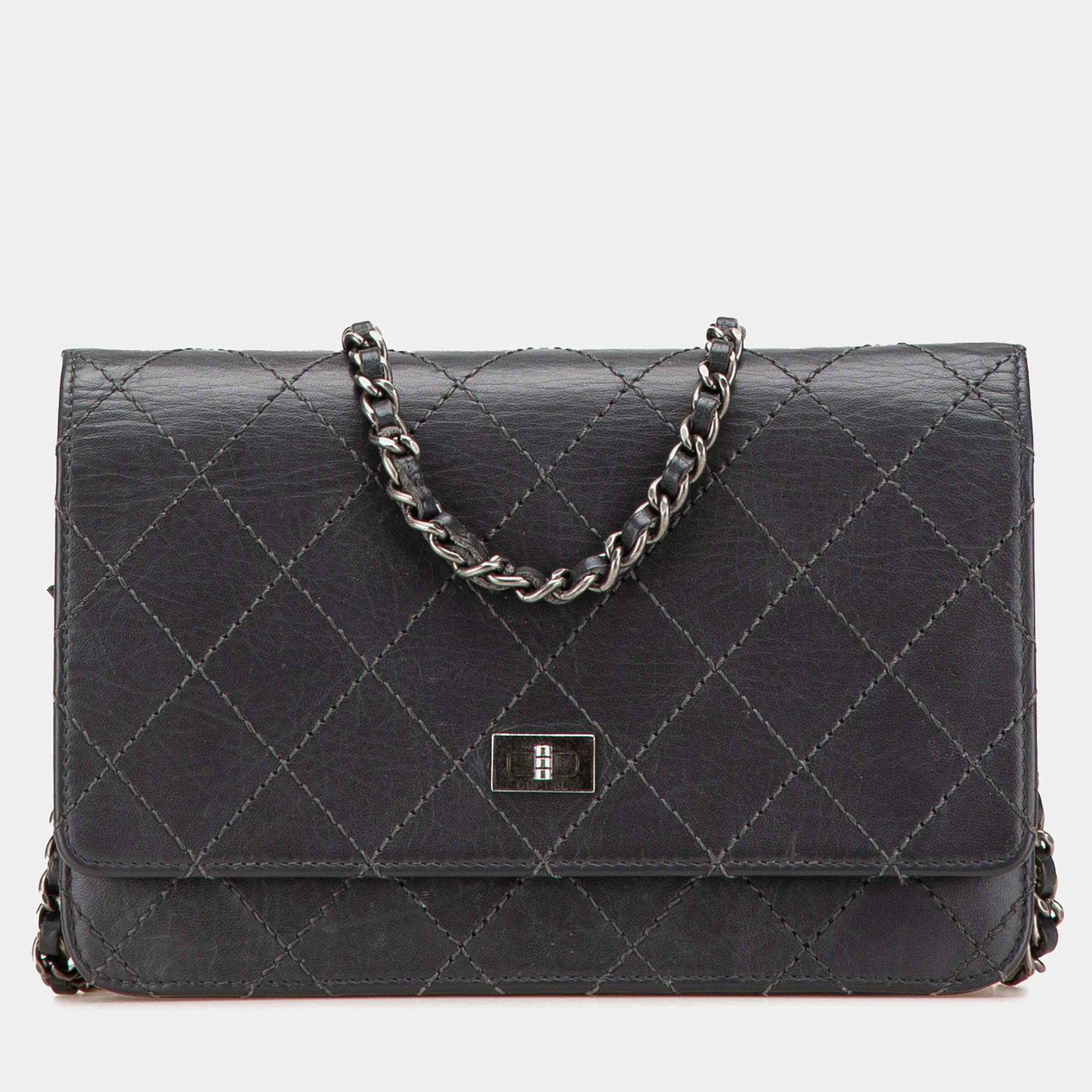 Chanel Charcoal Calfskin Reissue 2.55 Stitched Wallet on Chain