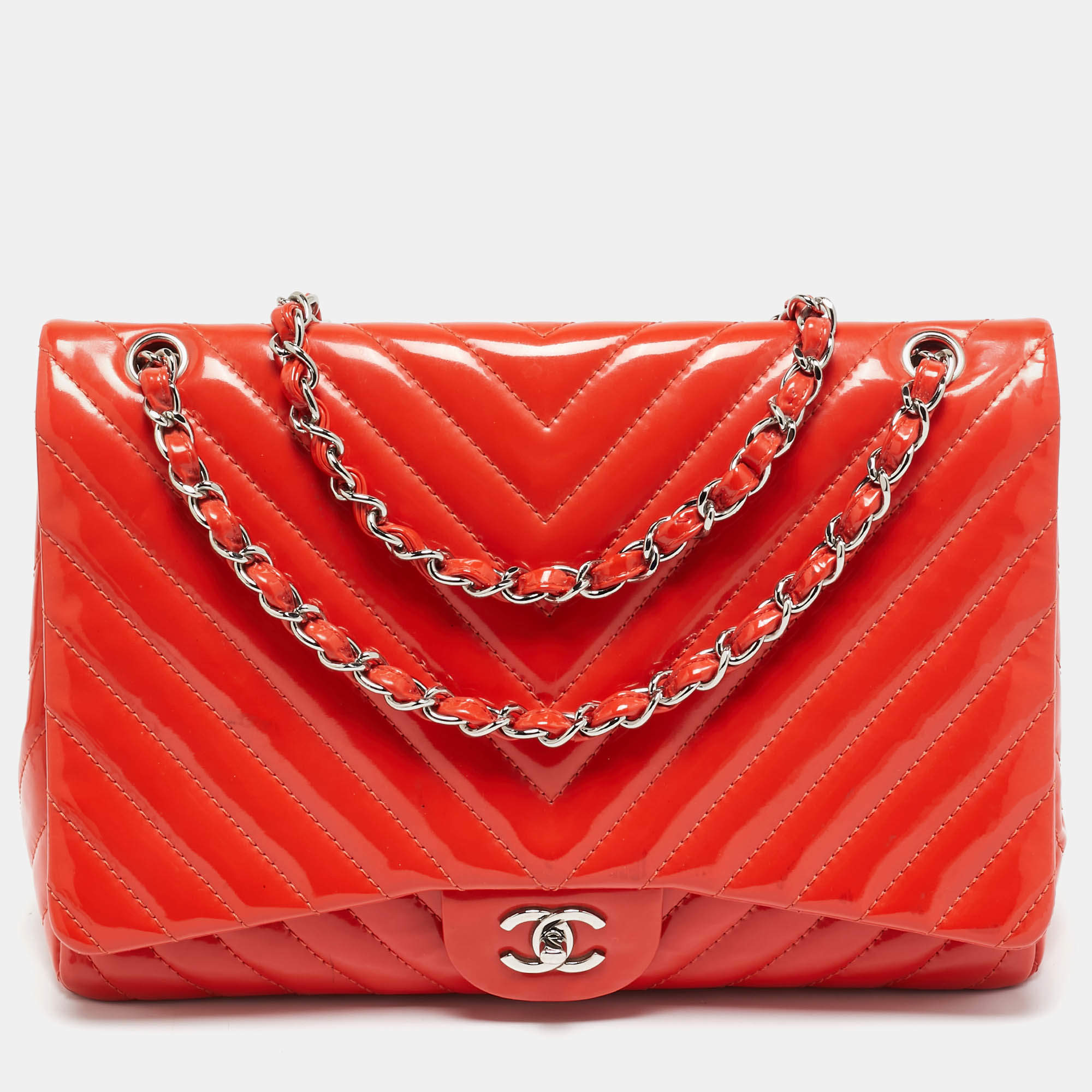 Chanel Orange Chevron Patent Leather Maxi Classic Single Flap Bag