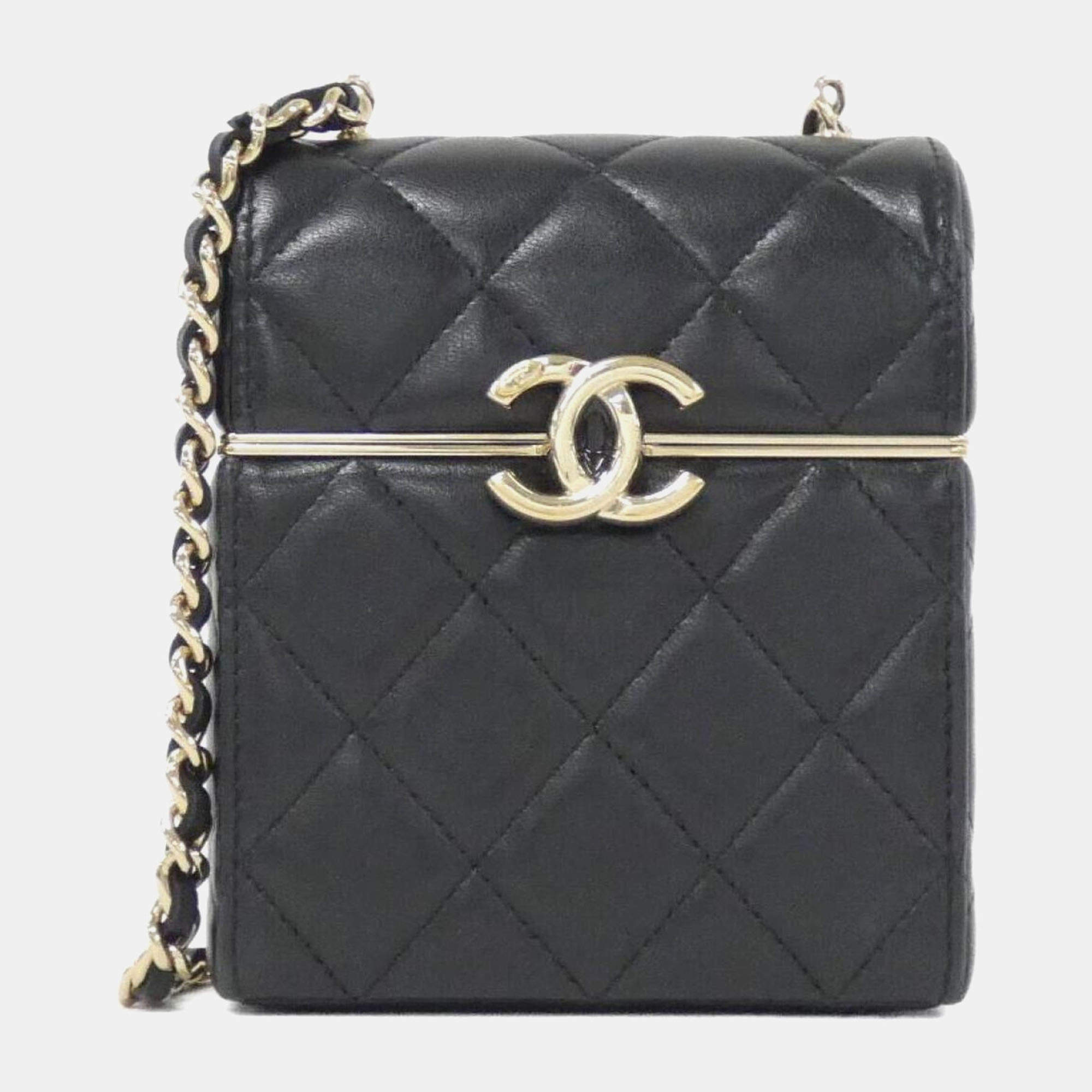 Chanel Black Leather Box Chain Clutch Bag