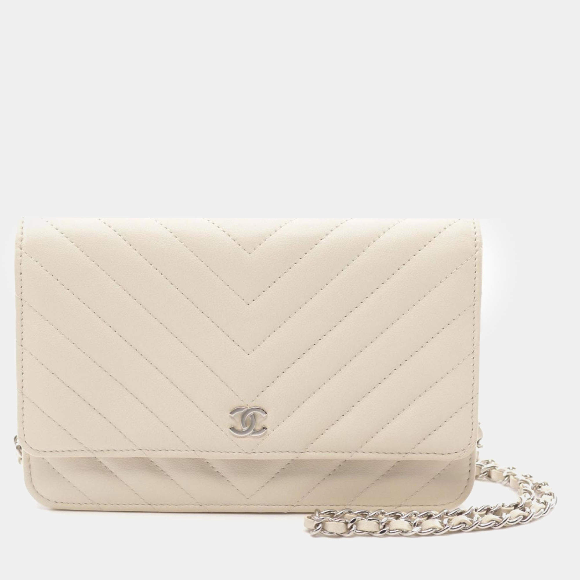 Chanel Beige Calfskin Chevron Quilted Wallet On Chain 