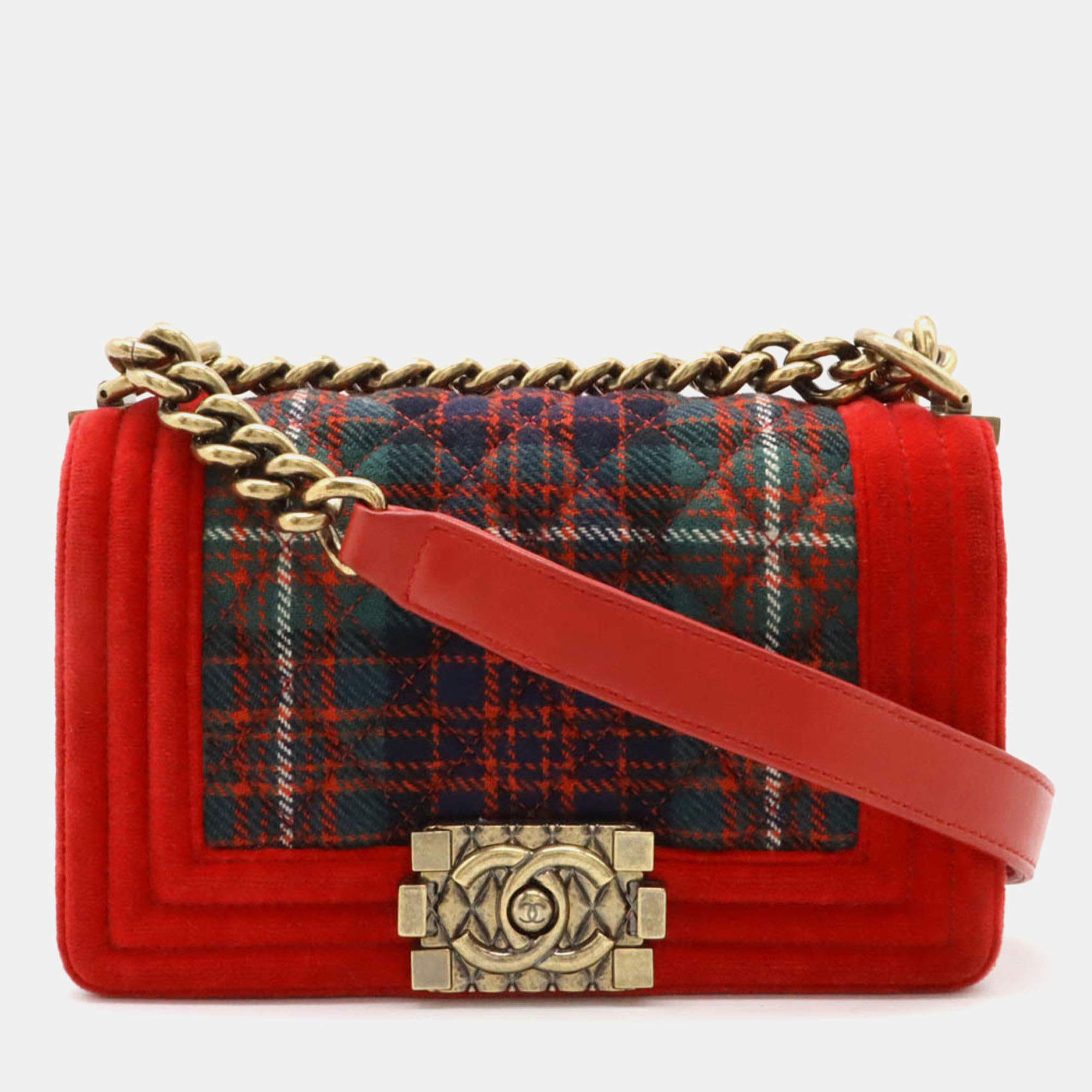 Pre Owned Chanel Red Velvet and Quilted Plaid Paris-Edinburgh Boy Bag