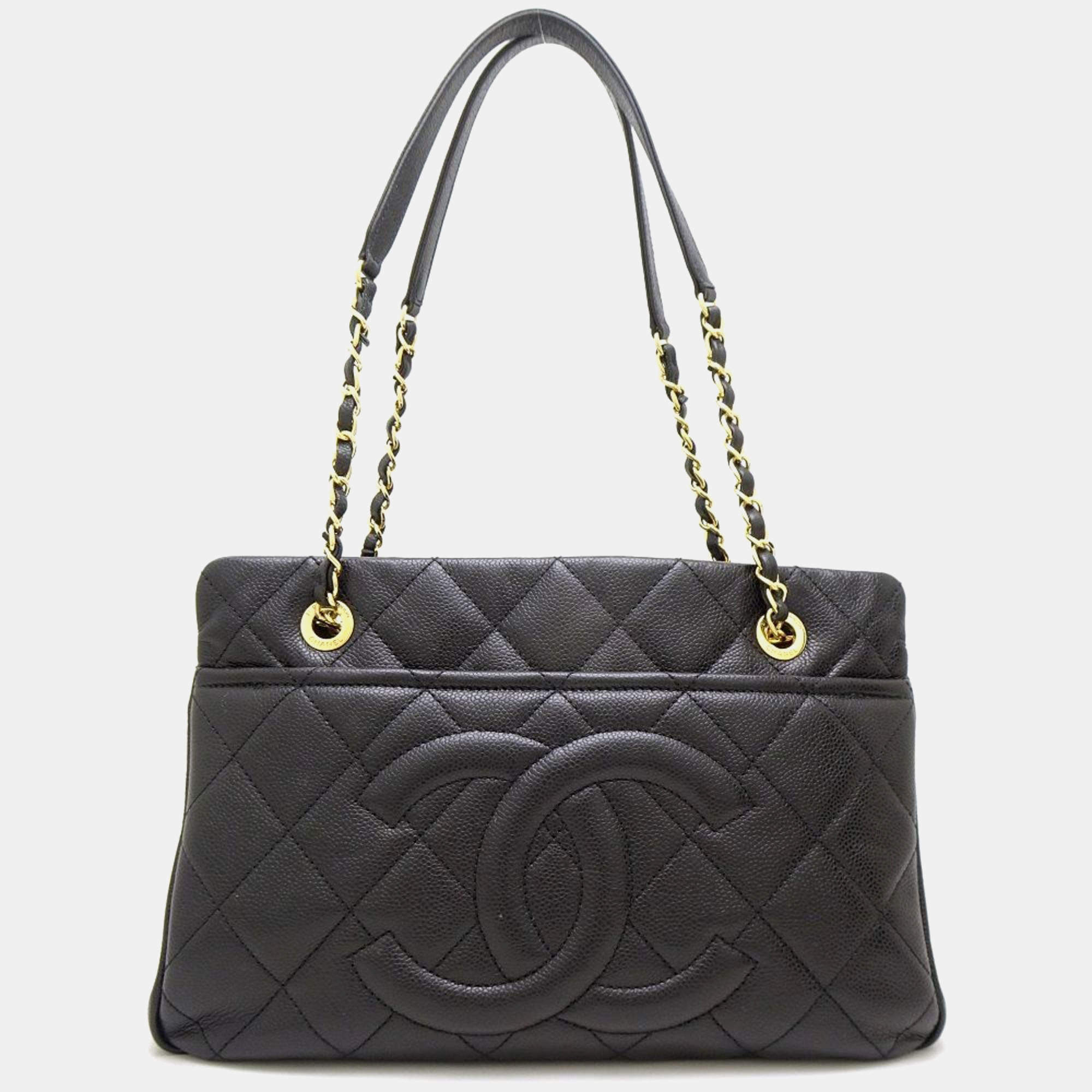Chanel Black Caviar Leather CC Chain Tote Bag 