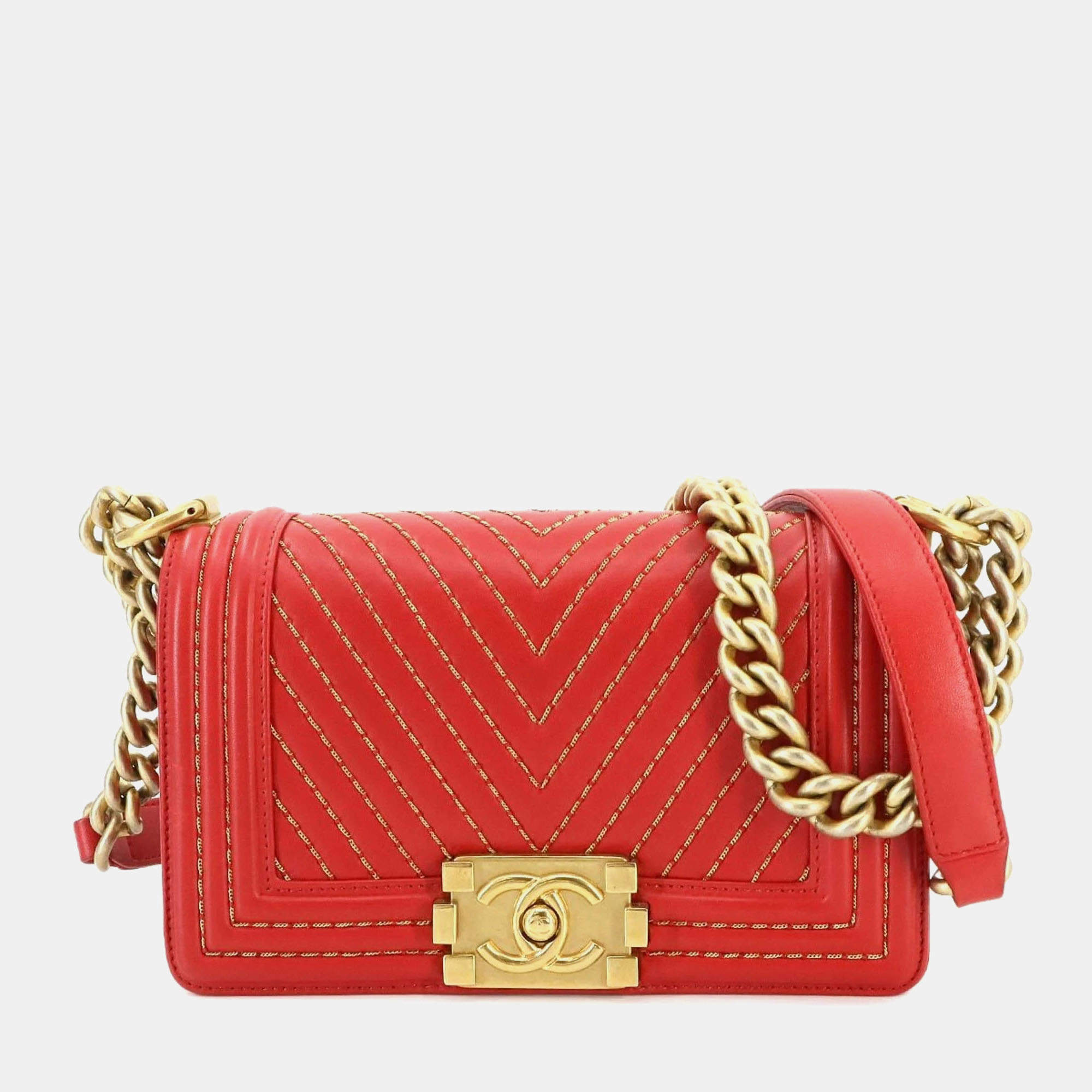 Chanel Red Chevron Leather  Boy Small Chain Shoulder Bag