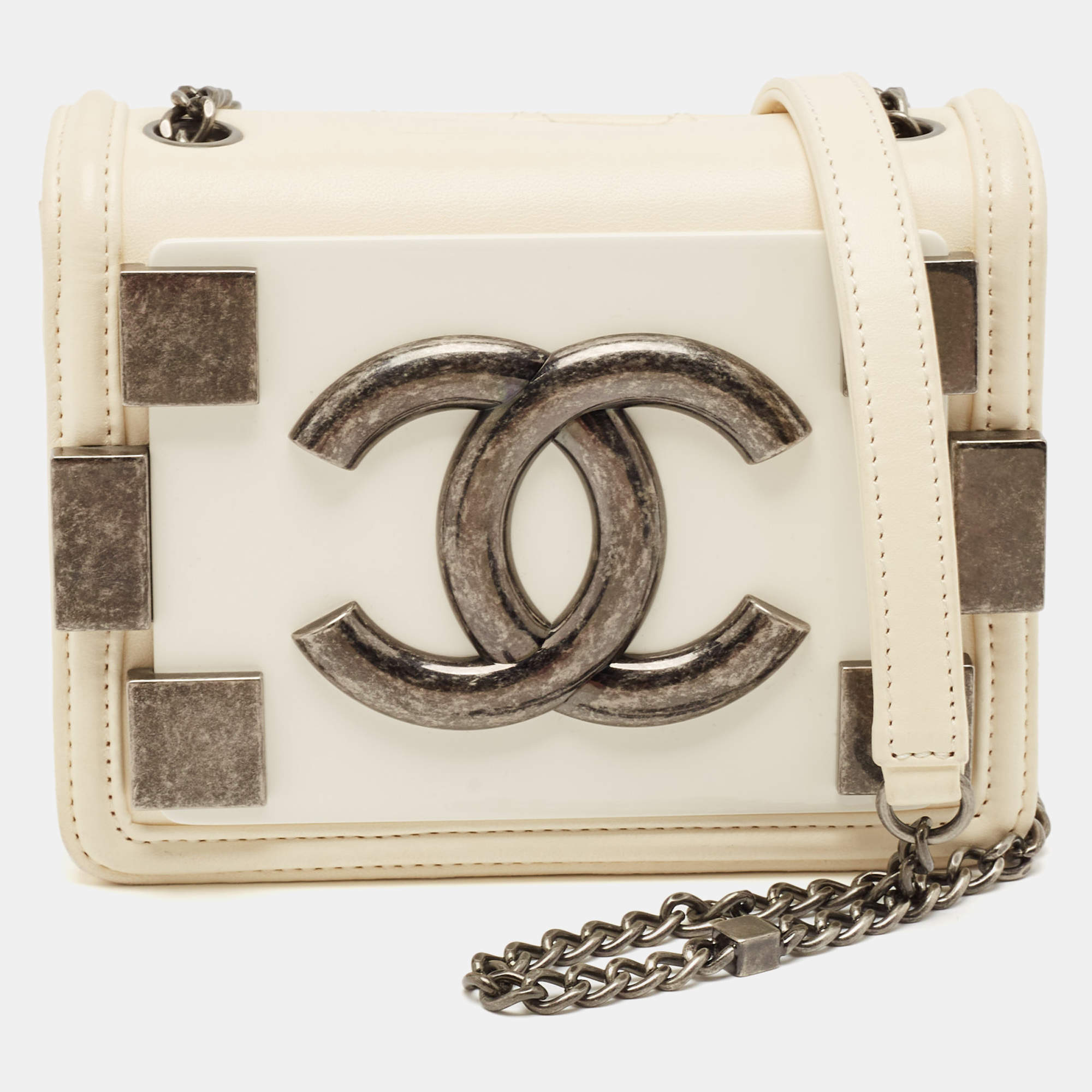Pre Owned Chanel Off White Quilted Leather and Plexiglass Mini Boy Brick Flap Bag