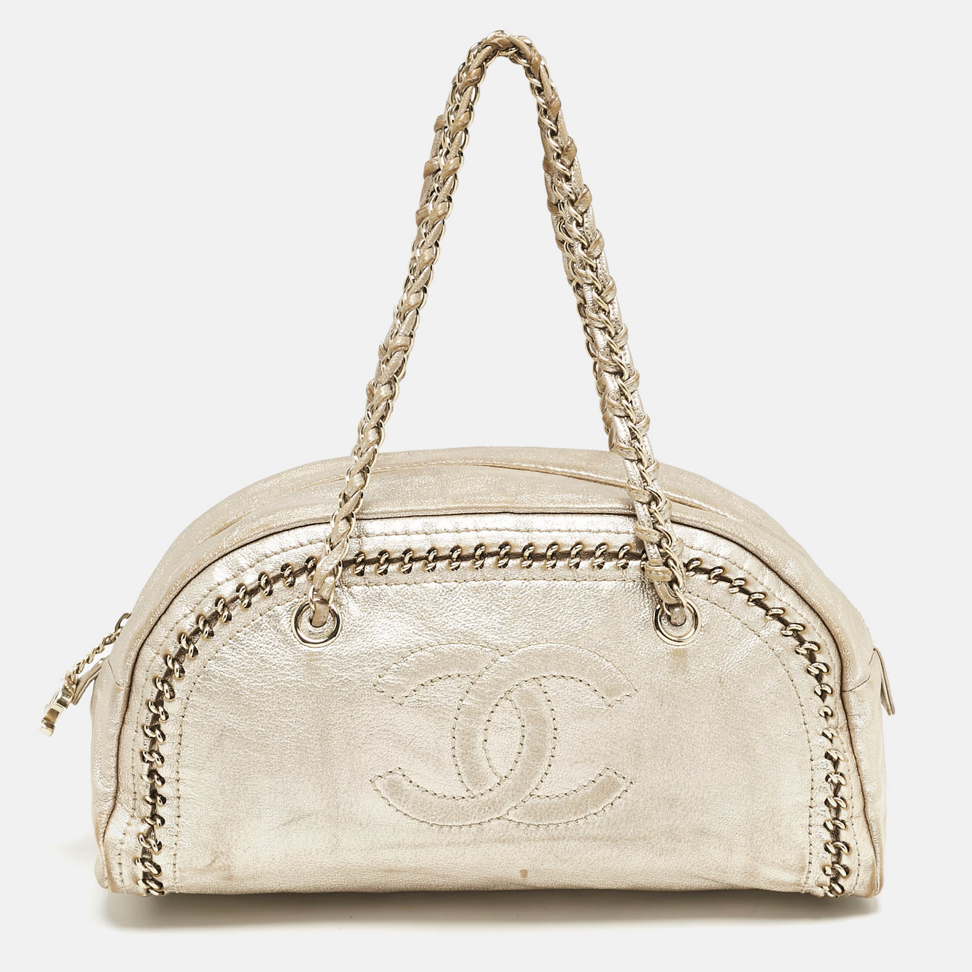 Pre Owned Chanel Gold Leather Medium Chain Trim Luxe Ligne Bowler Bag