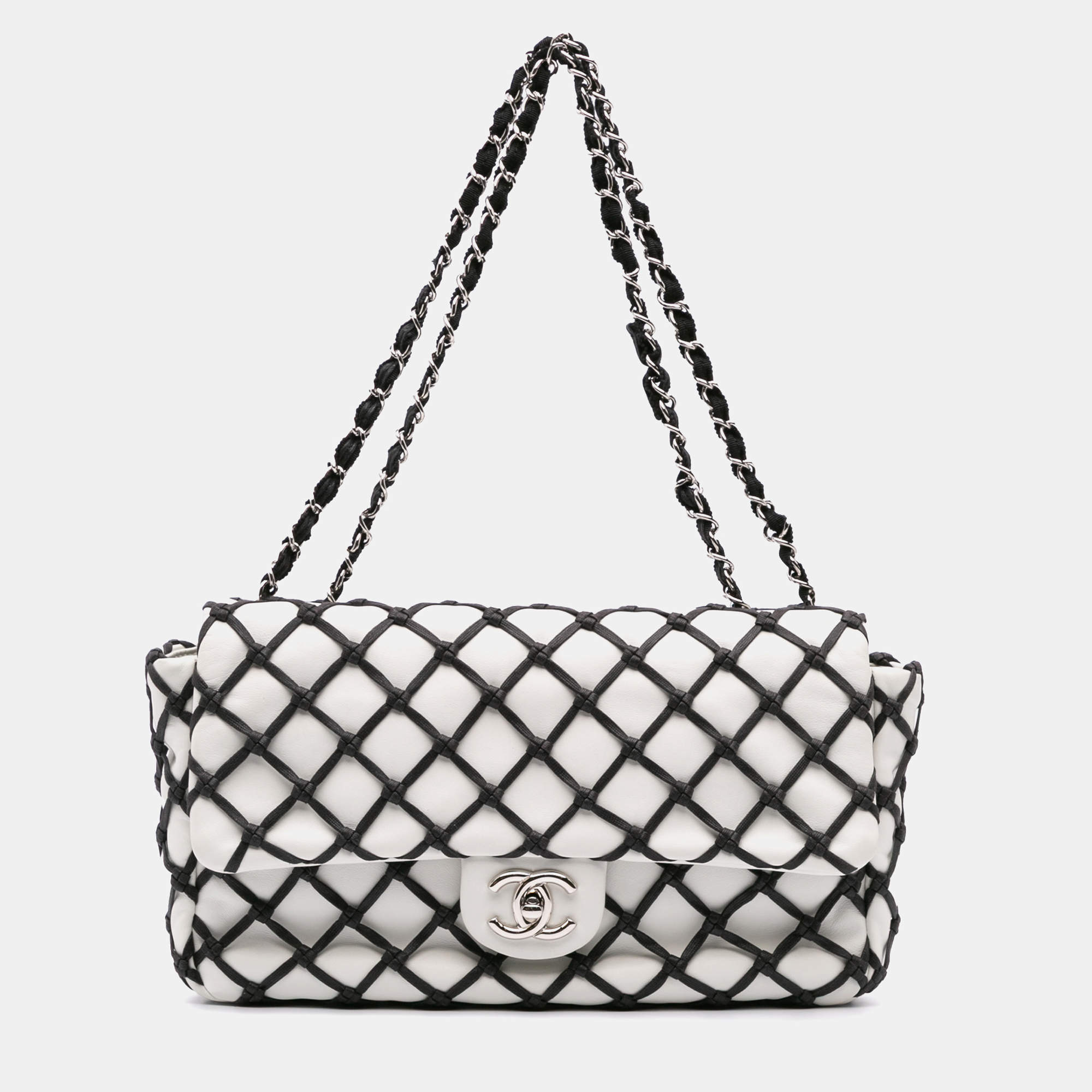 Pre Owned Chanel Black White Jumbo Calfskin Canebiers Net Flap
