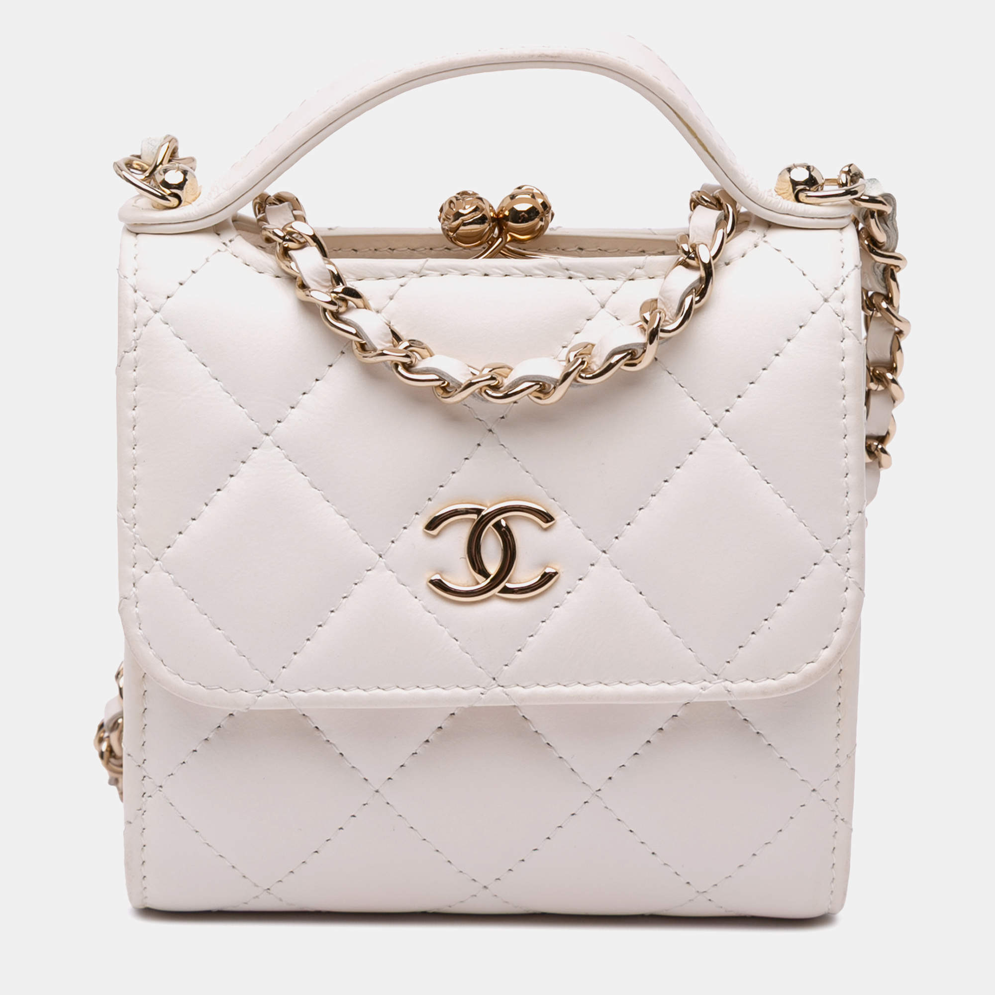 Chanel Ivory Lambskin CC Quilted Mini Kiss Lock Frame Top Handle Clutch Bag with Chain