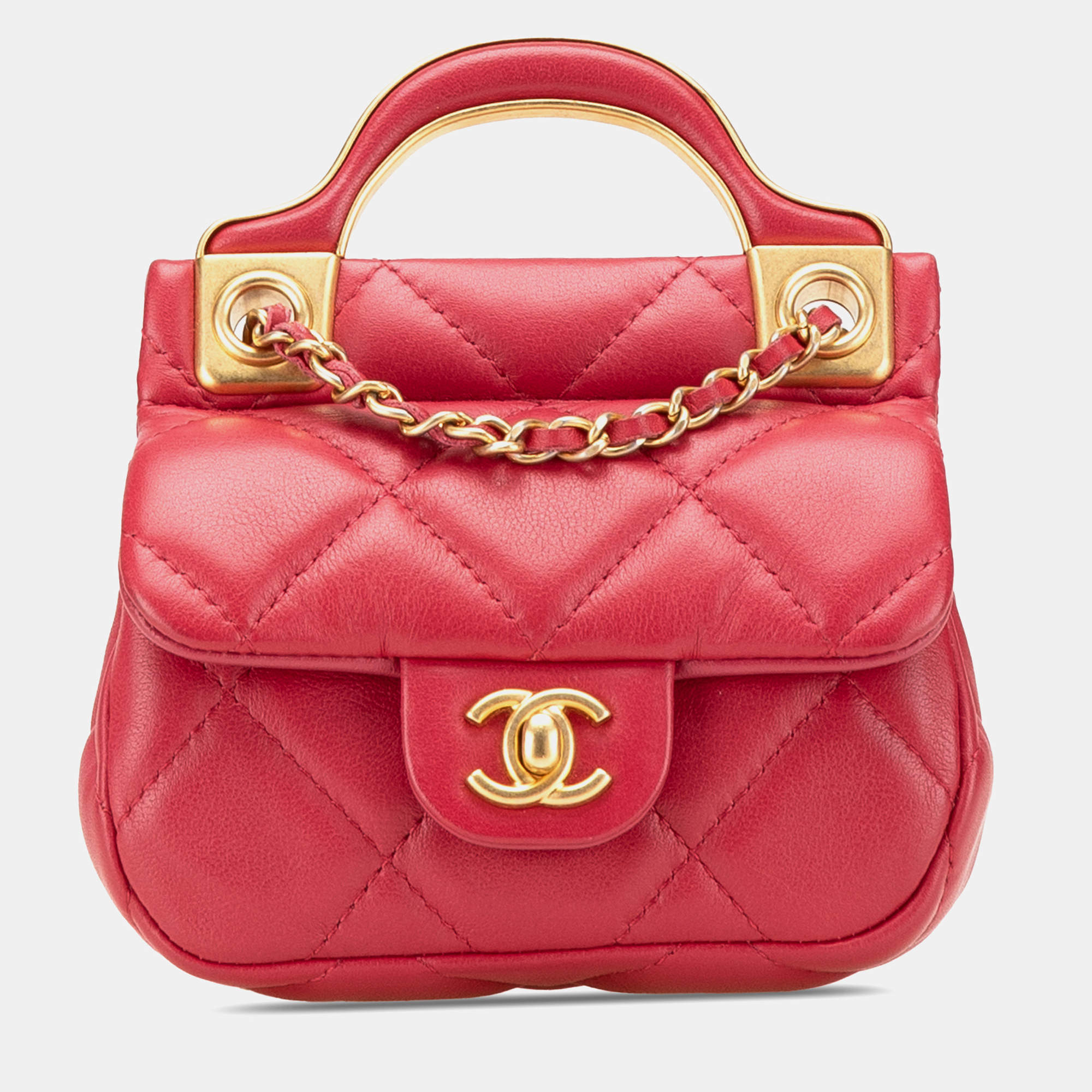 Chanel Red Calfskin Quilted Lady Card Holder Top Handle Bag with Chain