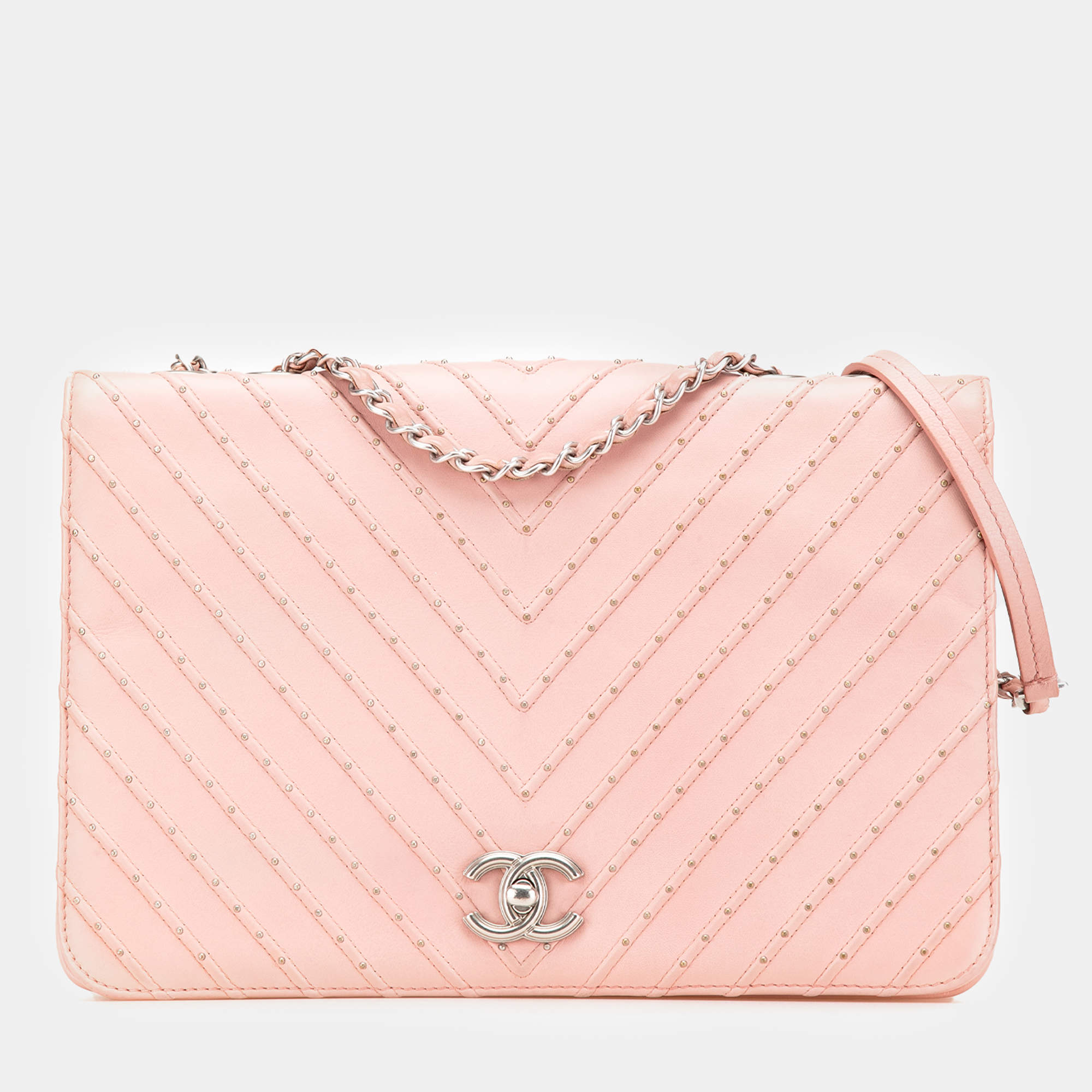 Pre Owned Chanel Pink Chevron Calfskin Studded Full Flap