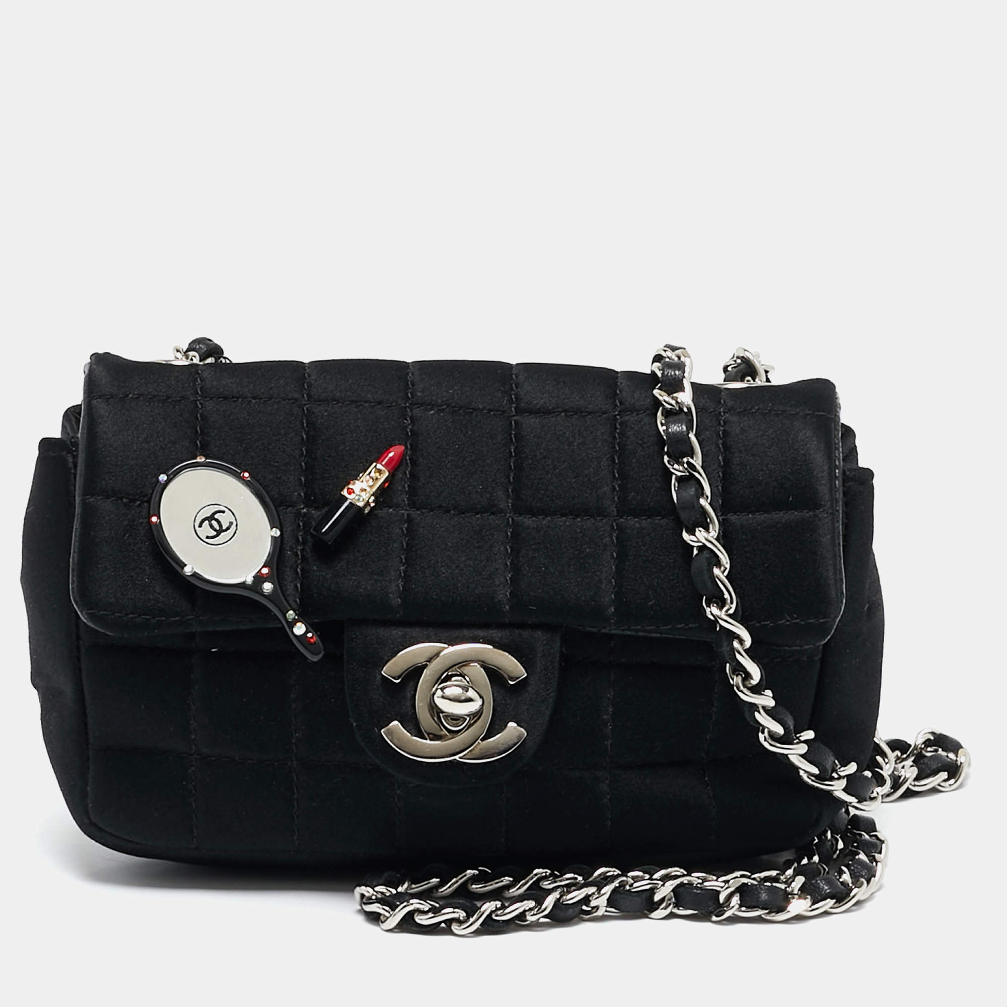 Pre Owned Chanel Black Square Quilted Satin Lipstick Charm Mini Flap Bag