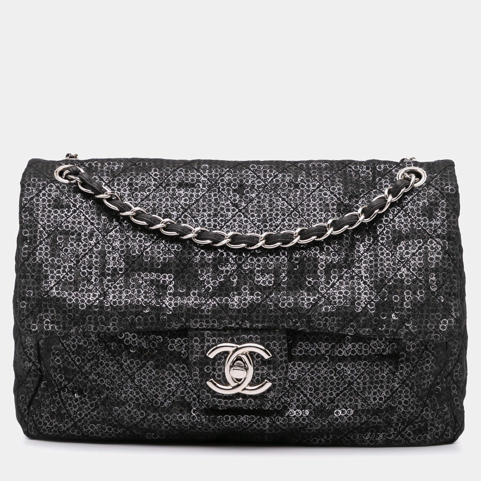 Chanel Black Maxi Hidden Sequins Mesh Flap