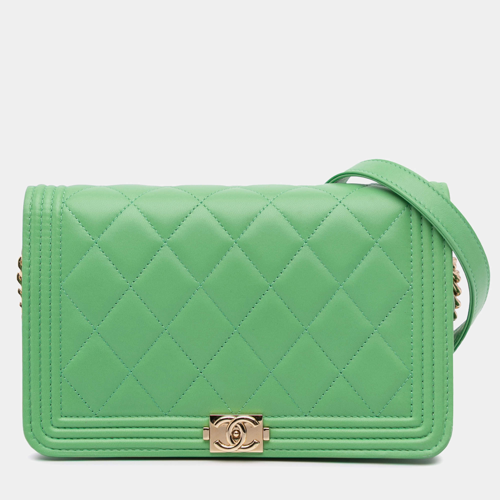 Chanel Green Lambskin Boy Wallet On Chain