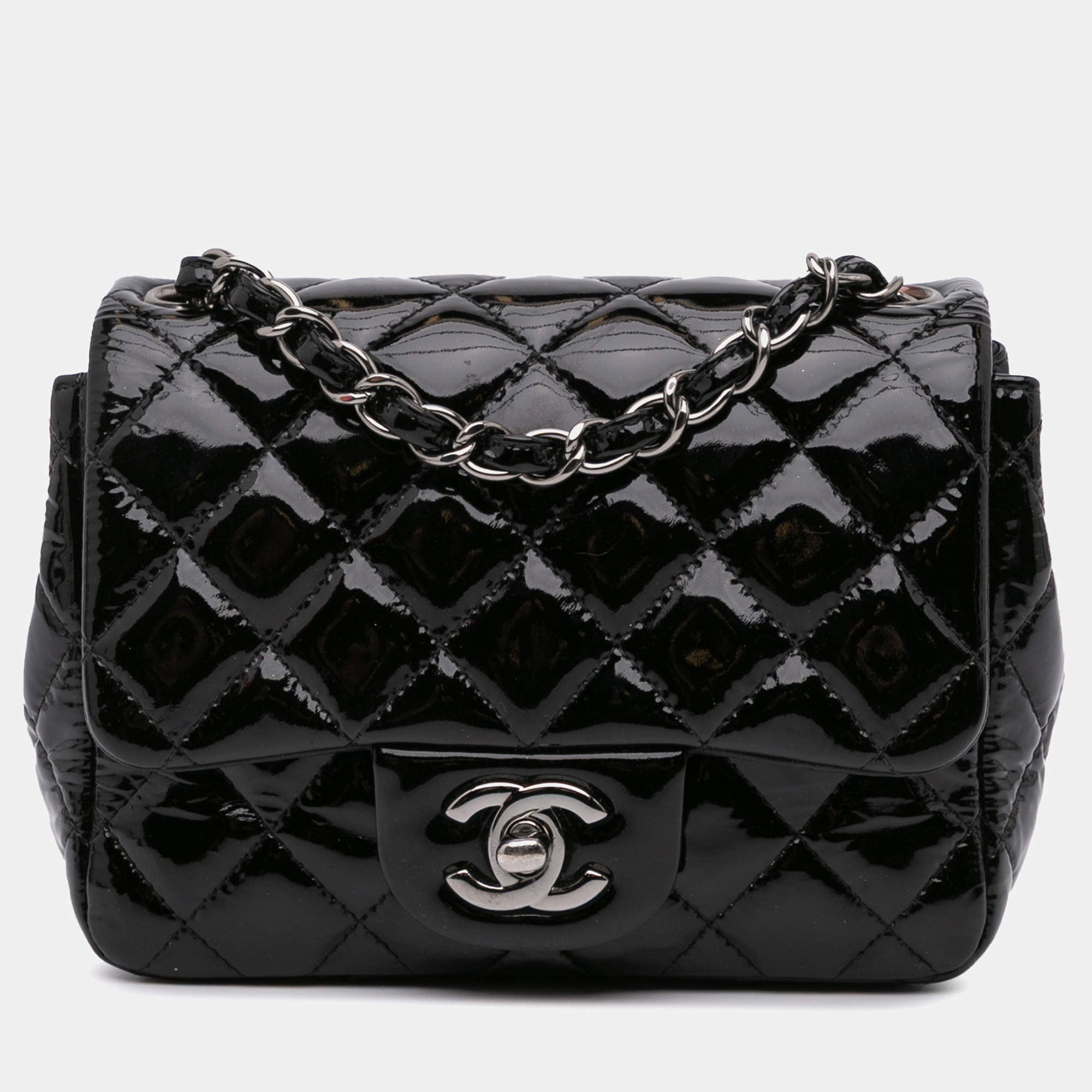 Pre Owned Chanel Black Patent Leather Mini Square Classic Single Flap Bag