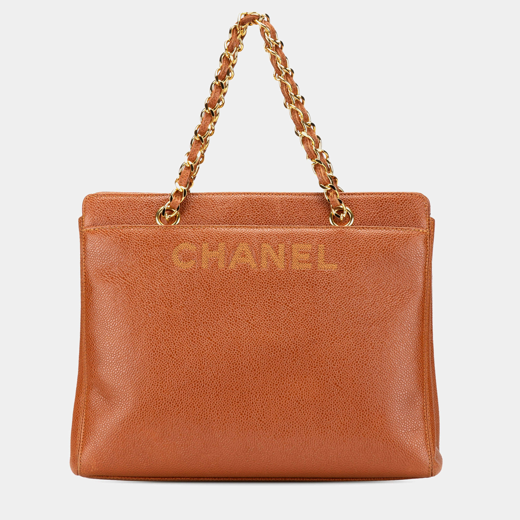 Chanel Brown Caviar Logo Chain Tote