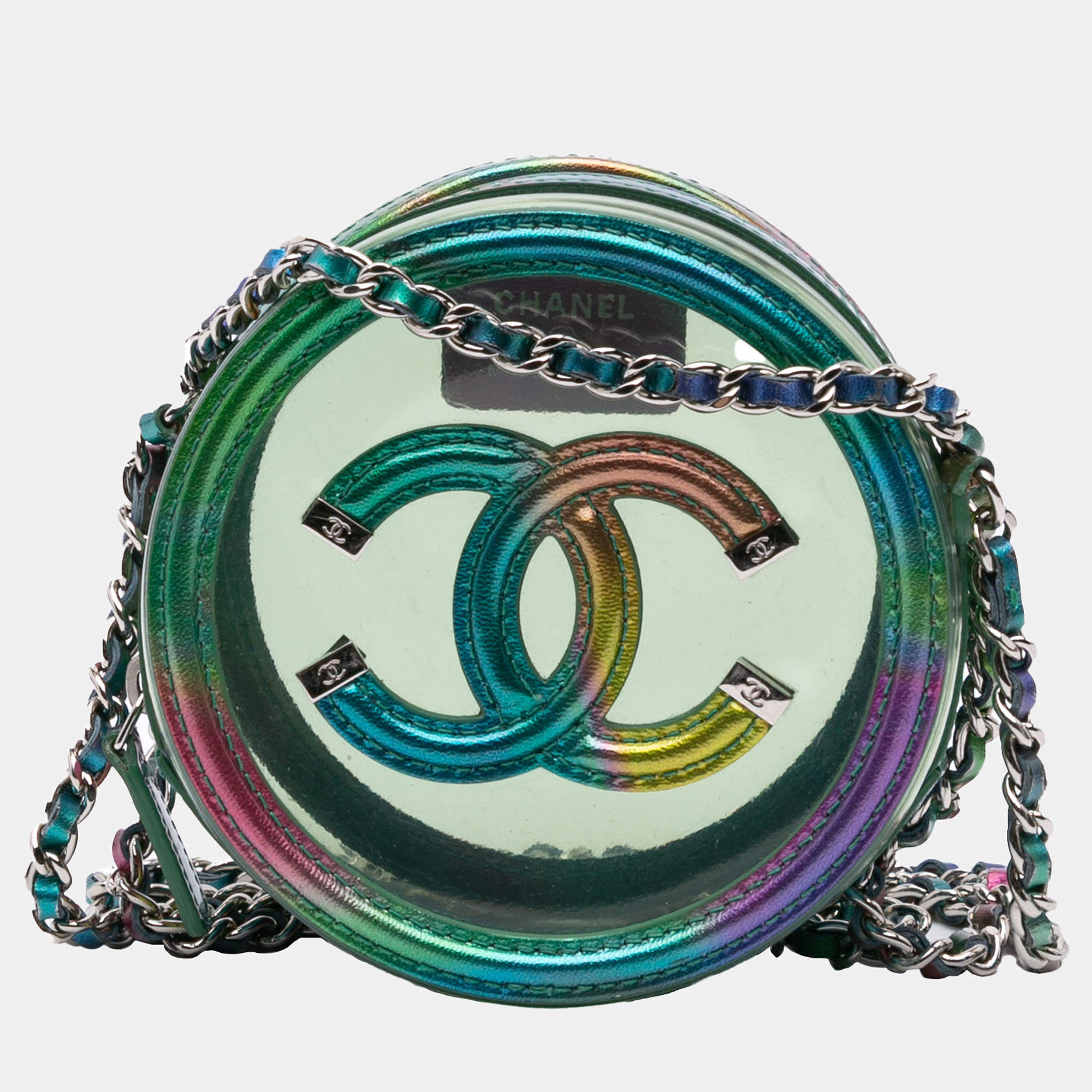 Chanel Green PVC and Metallic Lambskin CC Filigree Round Clutch with Chain