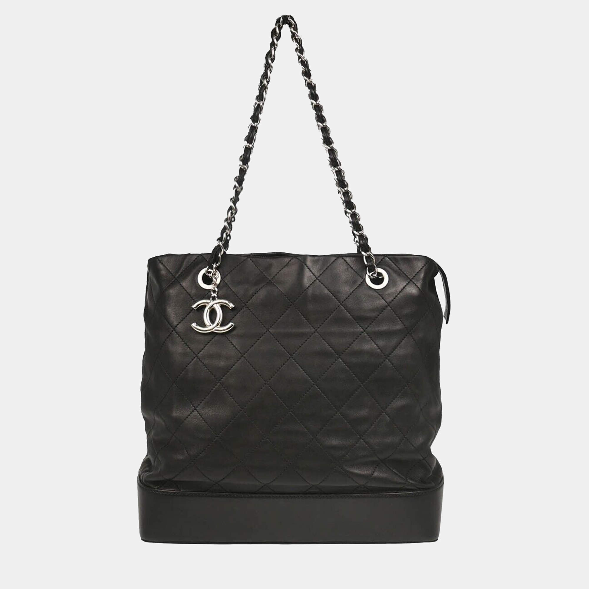 Chanel Black Lambskin Chain Tote Handbag 