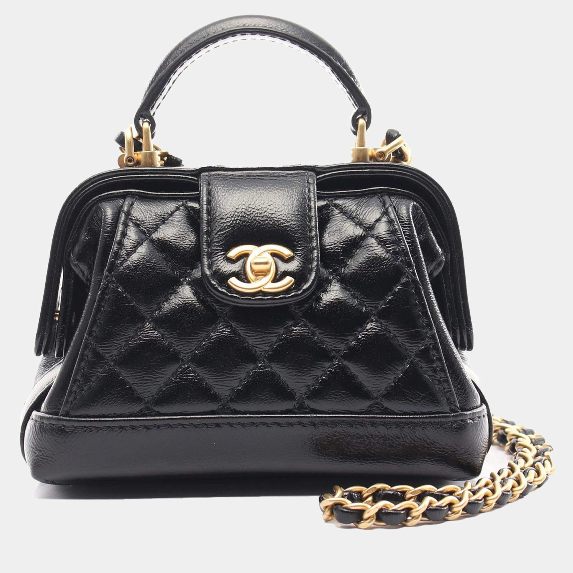 Chanel Black Quilted Lambskin Leather Top Handle Bag