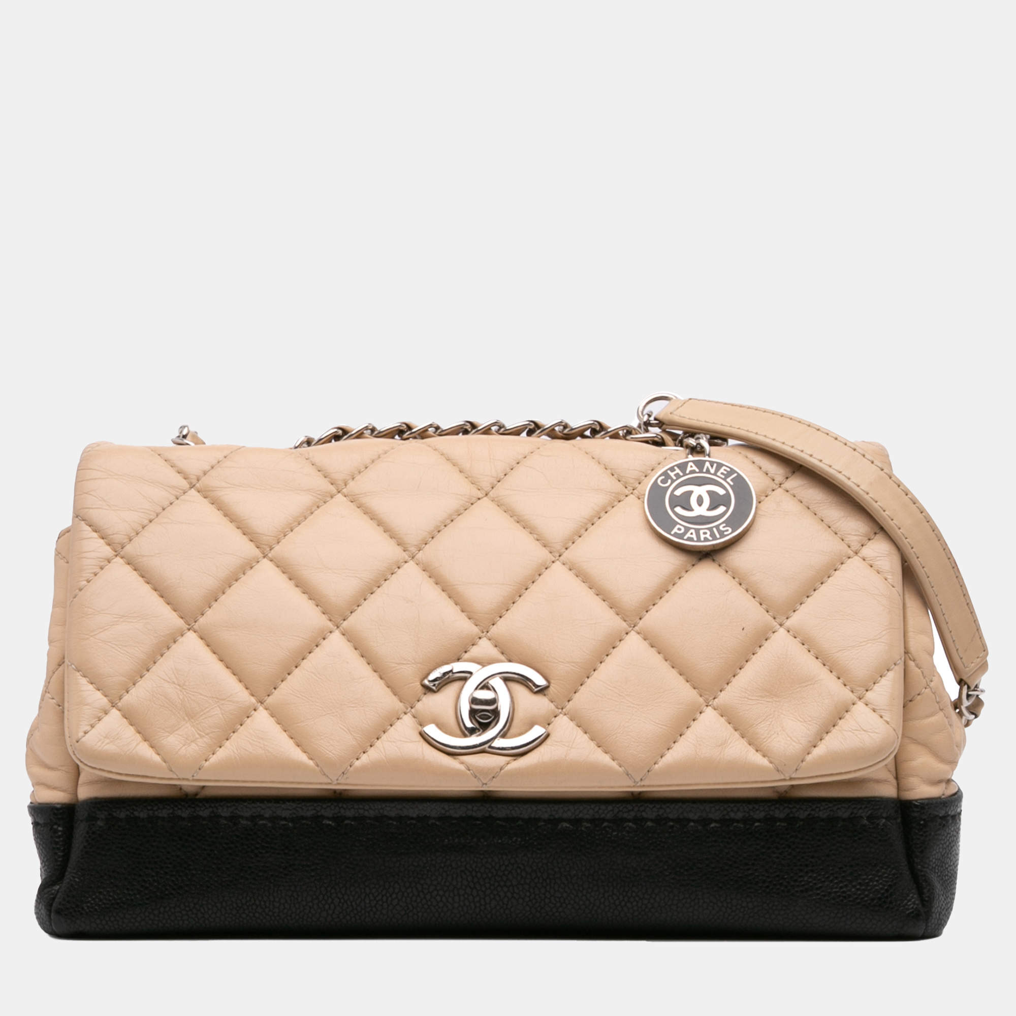 Pre Owned Chanel Beige/Black CC Bicolor Quilted Calfskin and Caviar Single Flap Bag