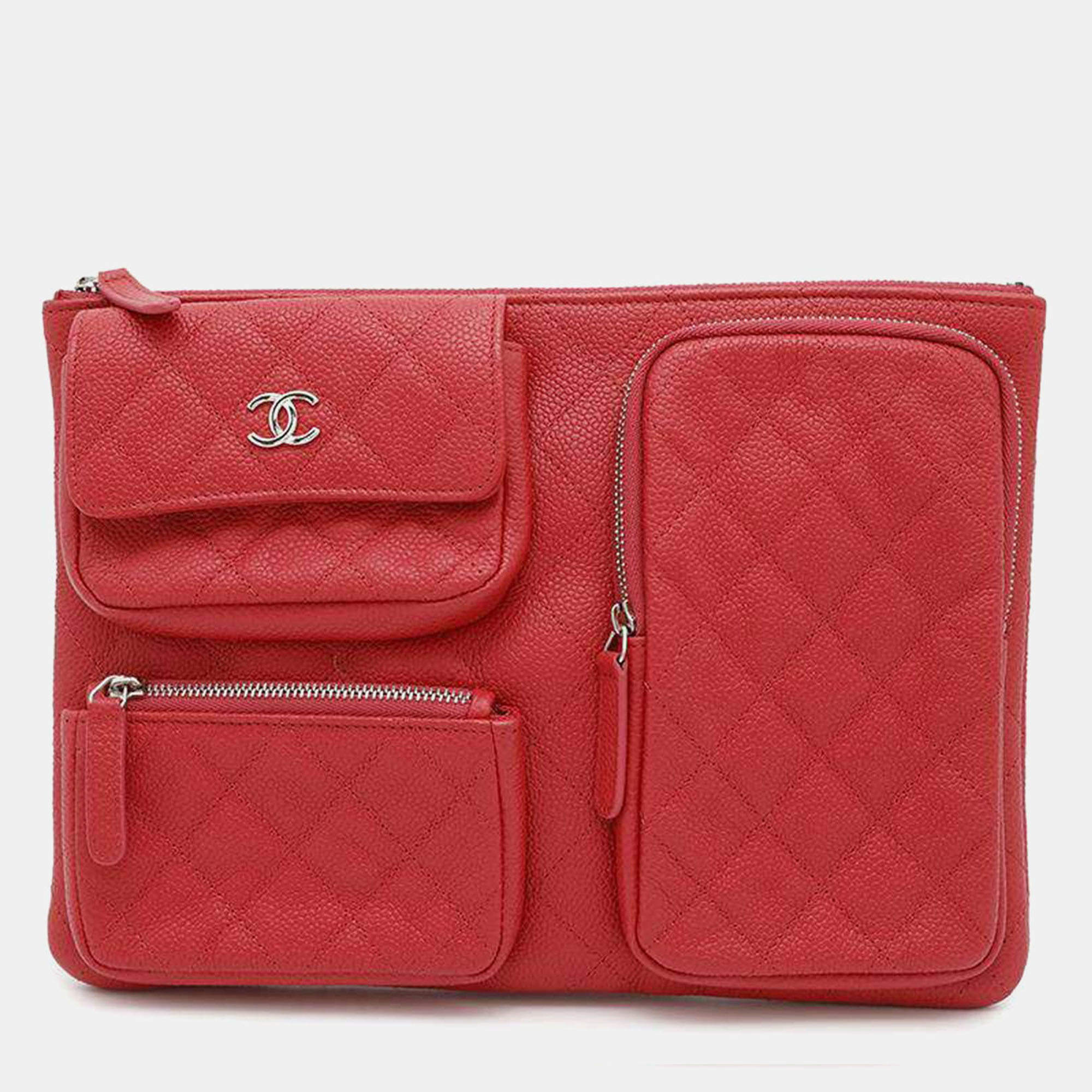 Chanel Red Caviar Leather Multi-Pocket Business Bag 