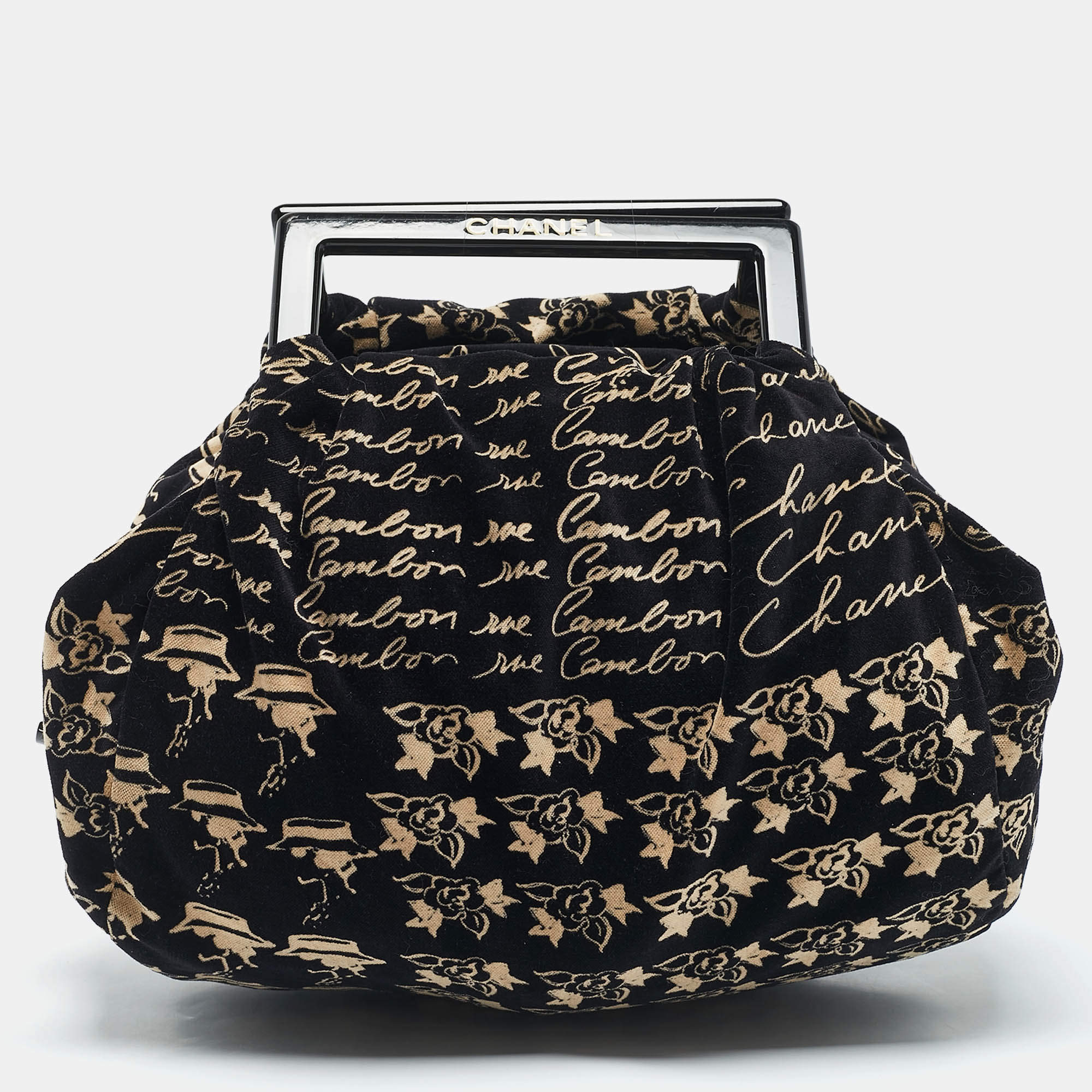 Pre Owned Chanel Black/Beige Velvet Printed Velour Frame Bag