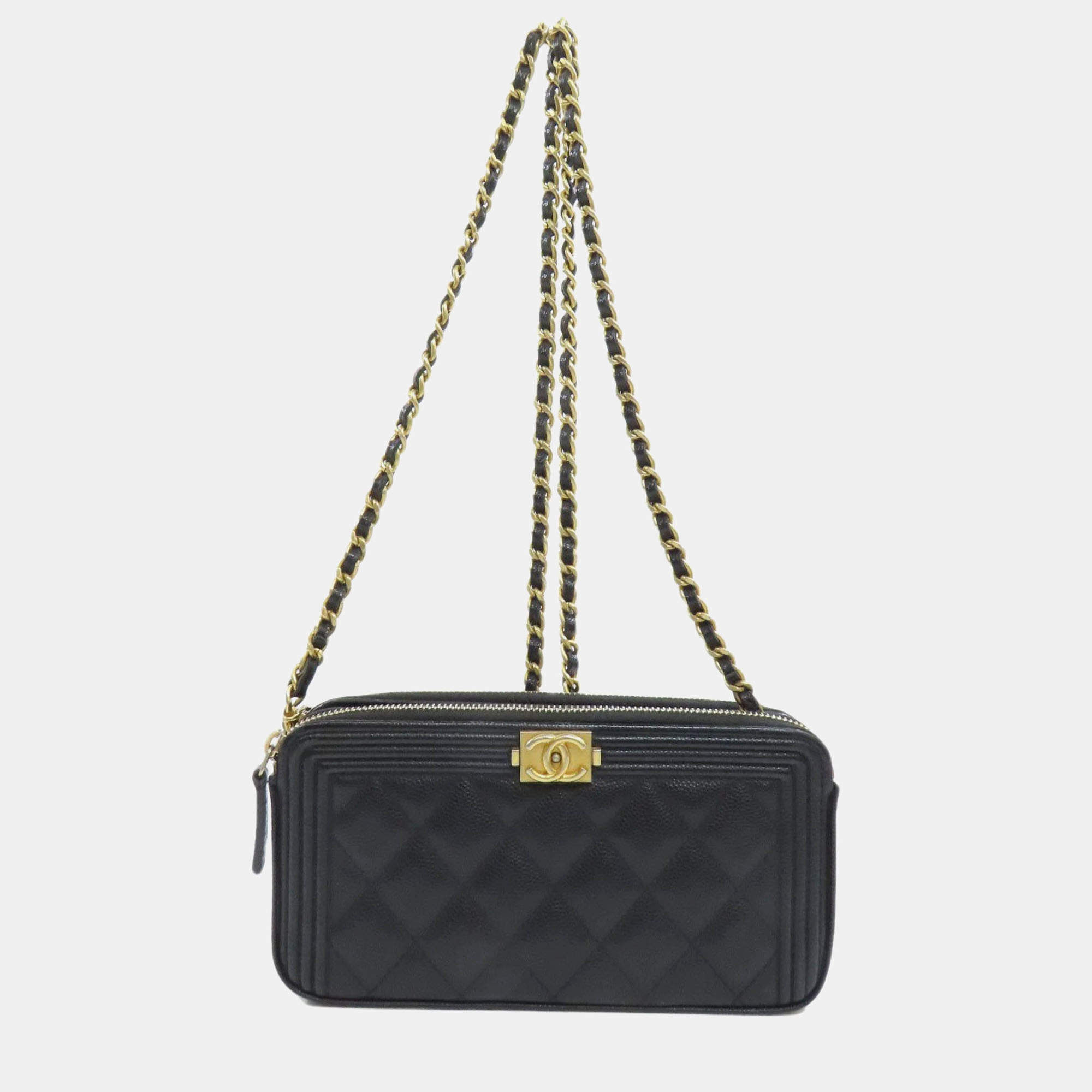 Chanel Black Caviar Leather Chain Wallet Boy Bag