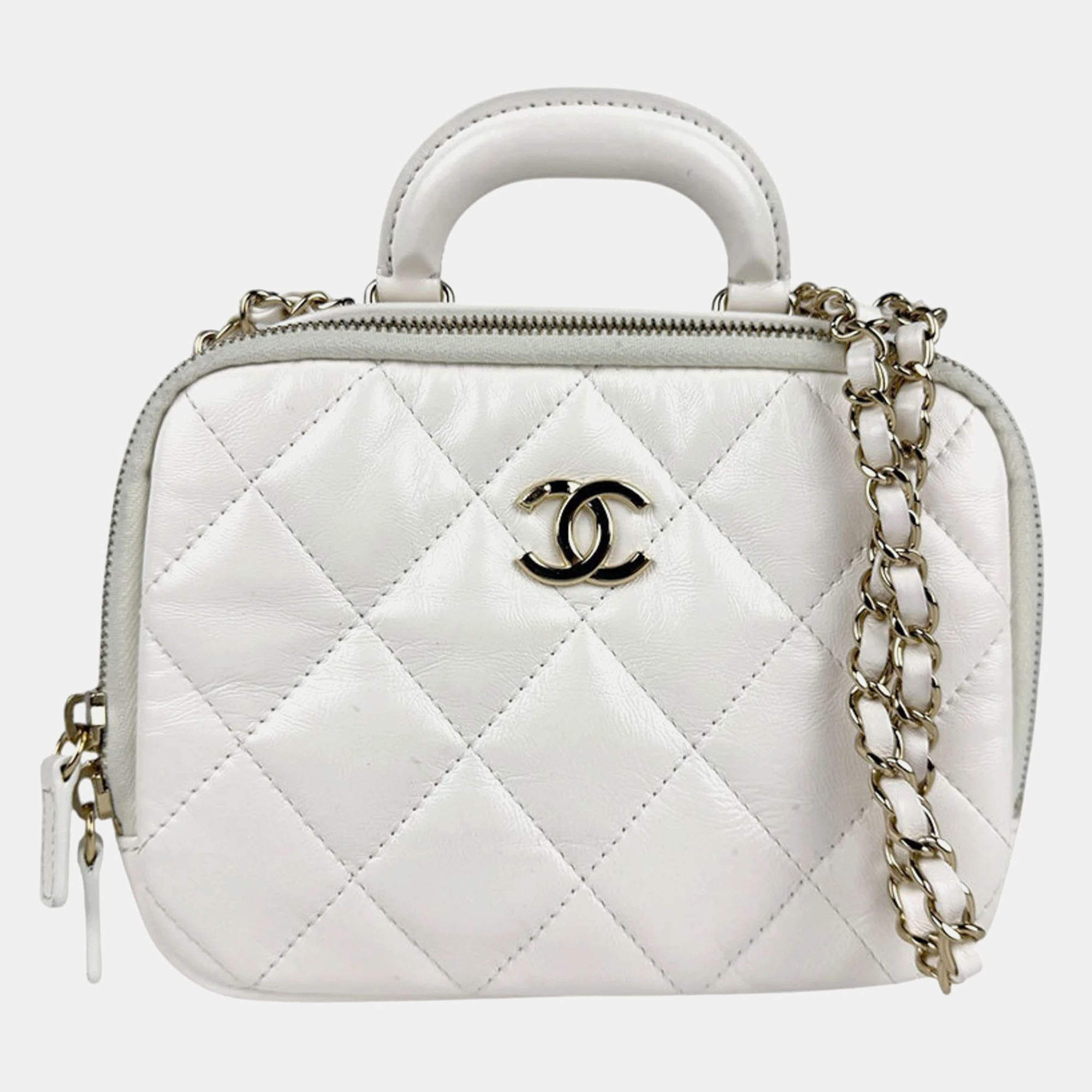 Chanel White Leather Vanity Shoulder Bag