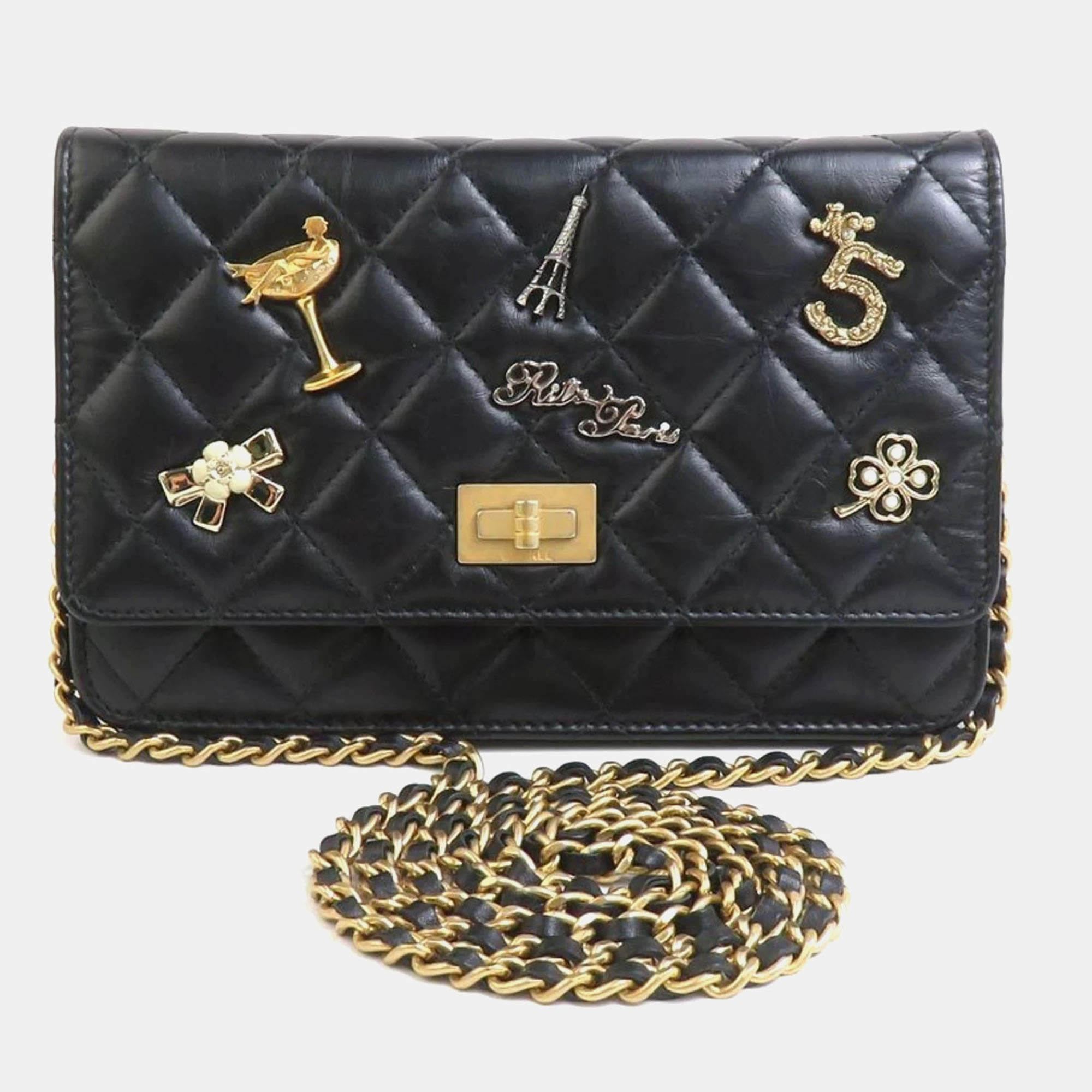 Chanel Black Lambskin 2.55 Chain Wallet Bag