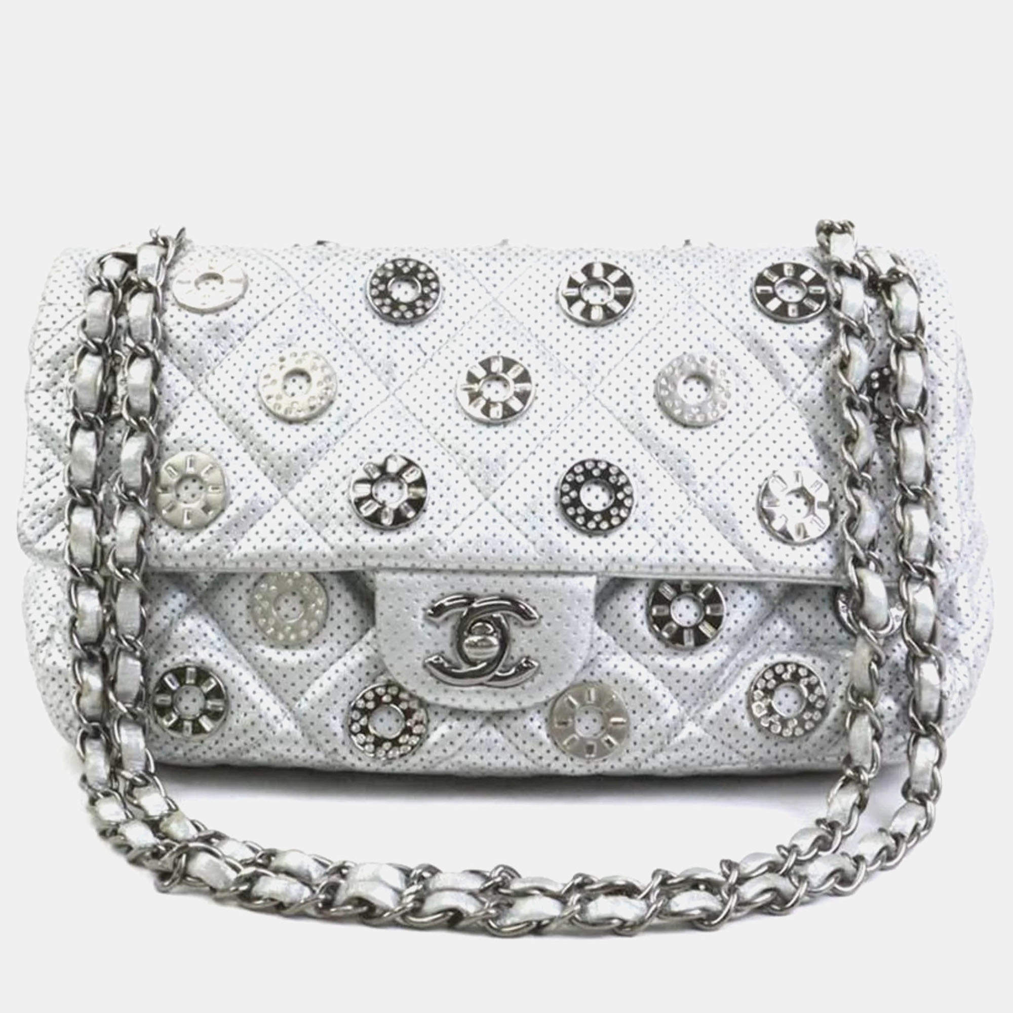 Chanel Silver Leather and Metal Rhinestone Paris-Dubai Perforated Eyelet Shoulder Bag