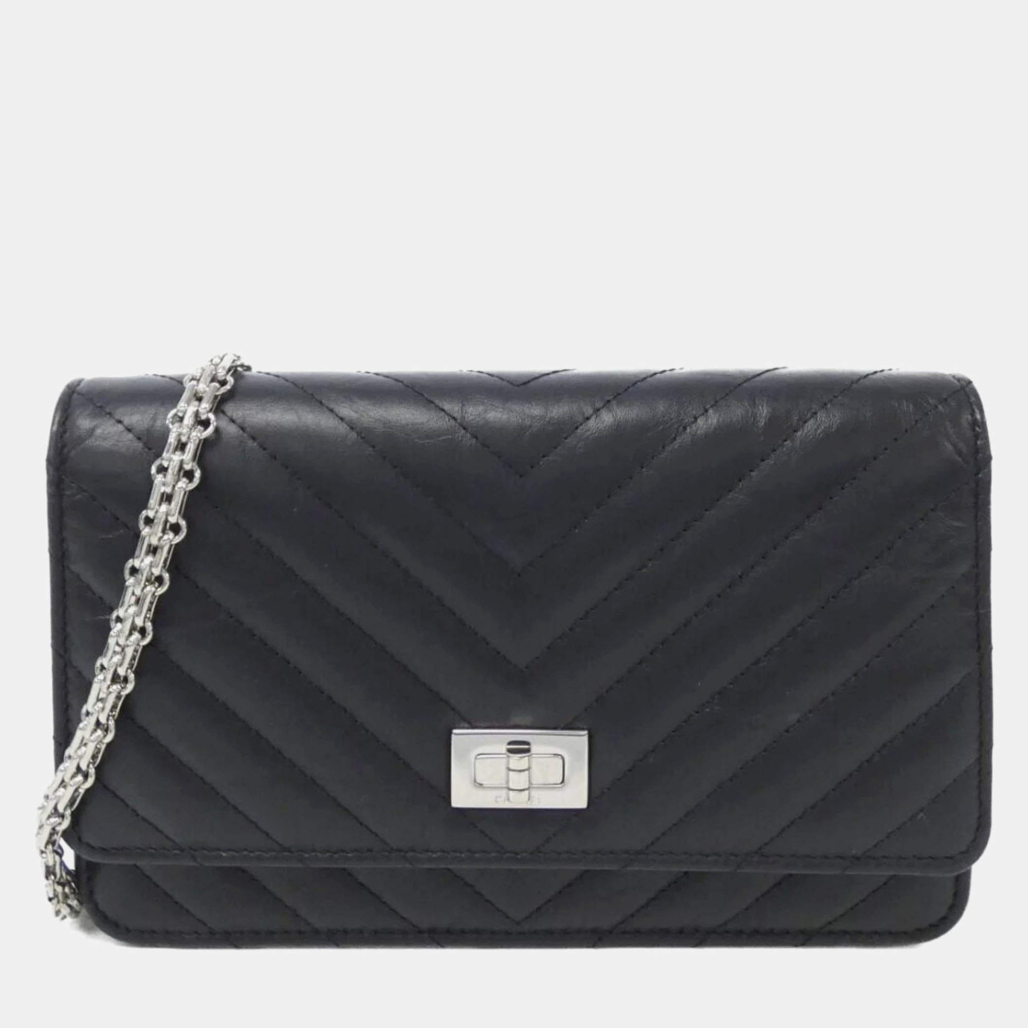 Chanel Black Chevron Leather Reissue Wallet On Chain