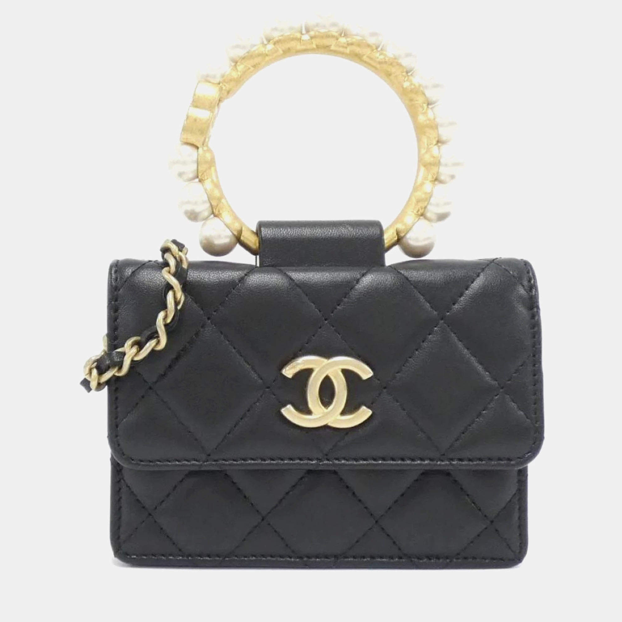 Chanel Black Leather Pearl Bracelet Chain Clutch Bag