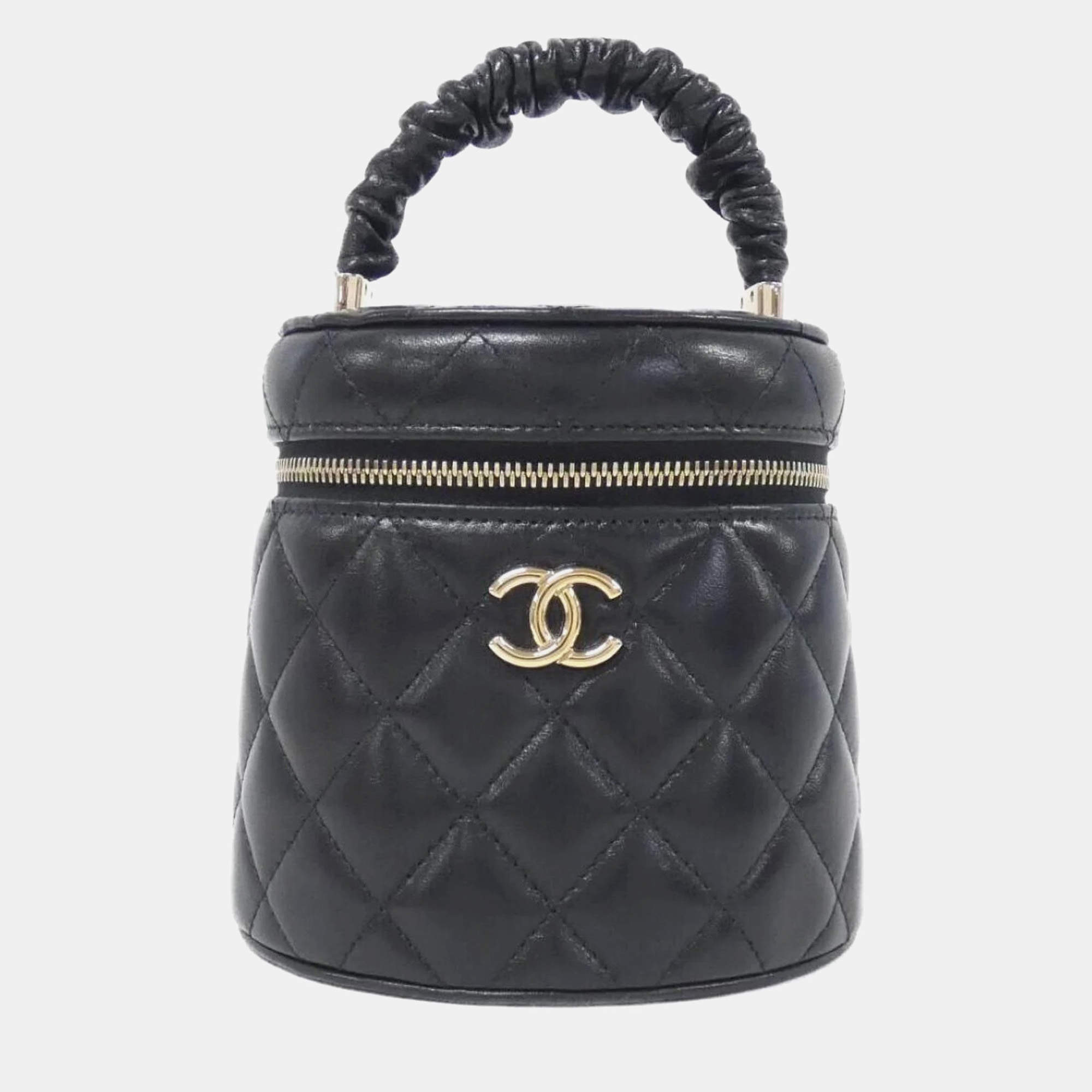 Chanel Black Leather Vanity Case Top Handle Bag