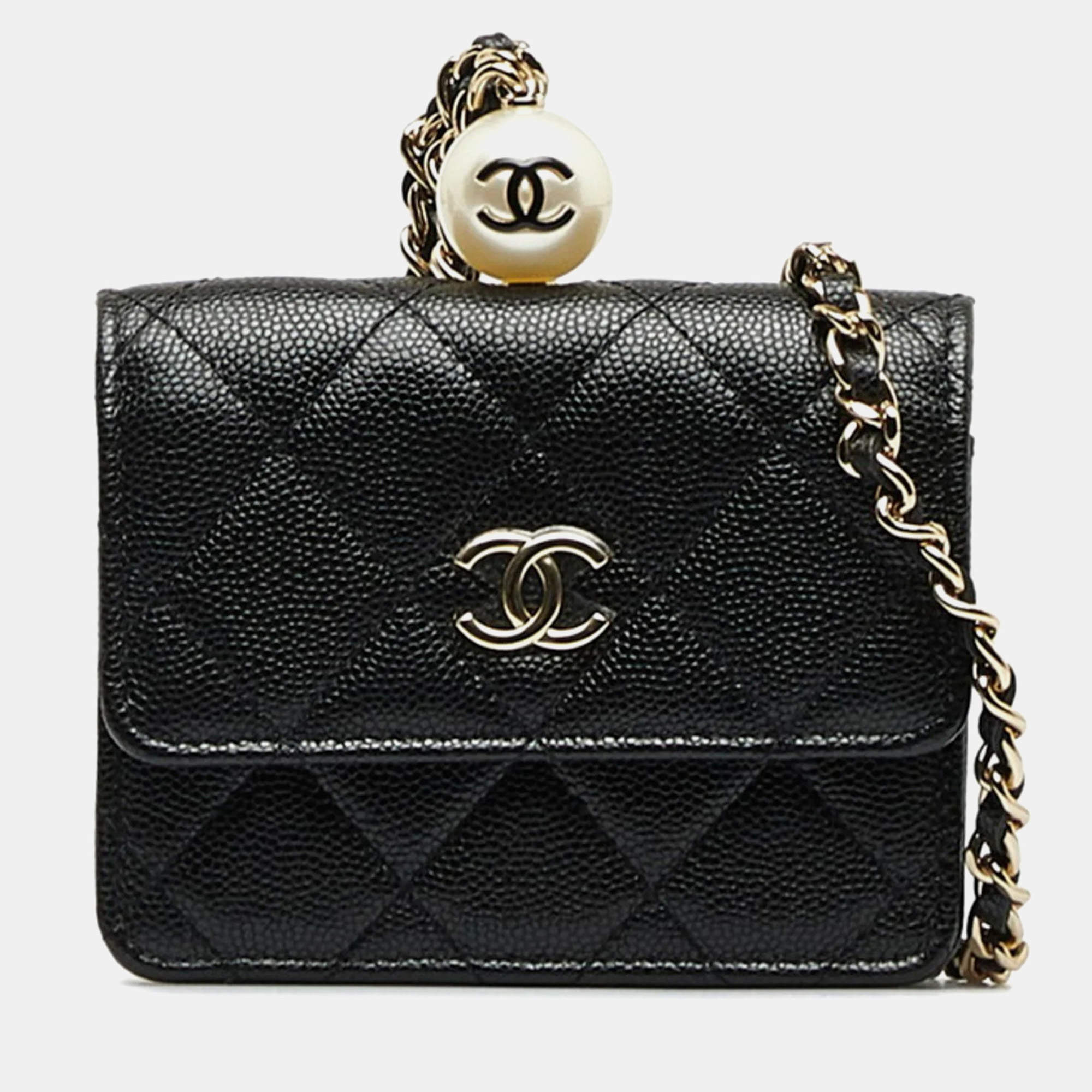 Chanel Black Caviar Leather Faux Pearl Coin Purse Shoulder Bag