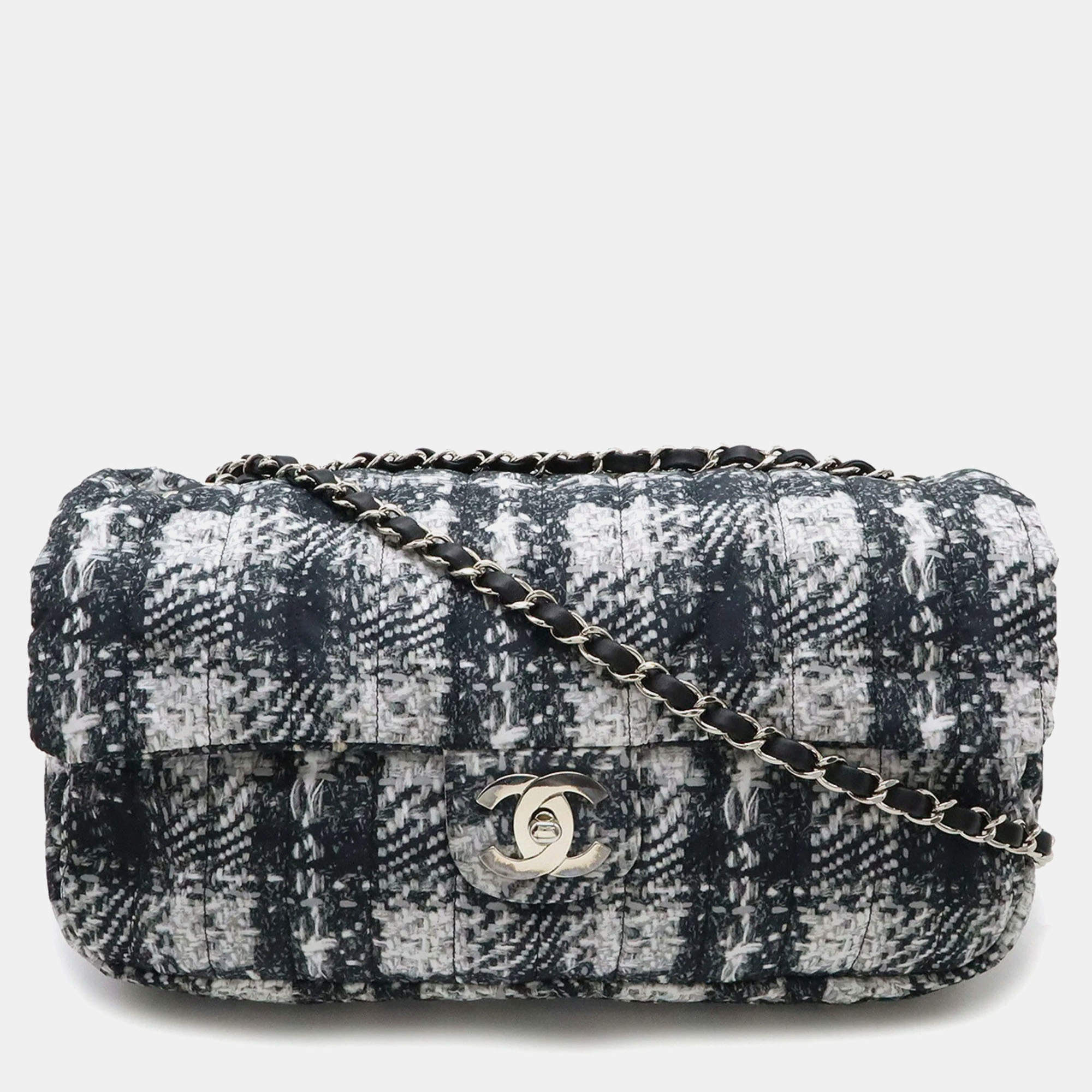 Chanel Black, Gray, White Nylon Tweed Chain Shoulder Bag