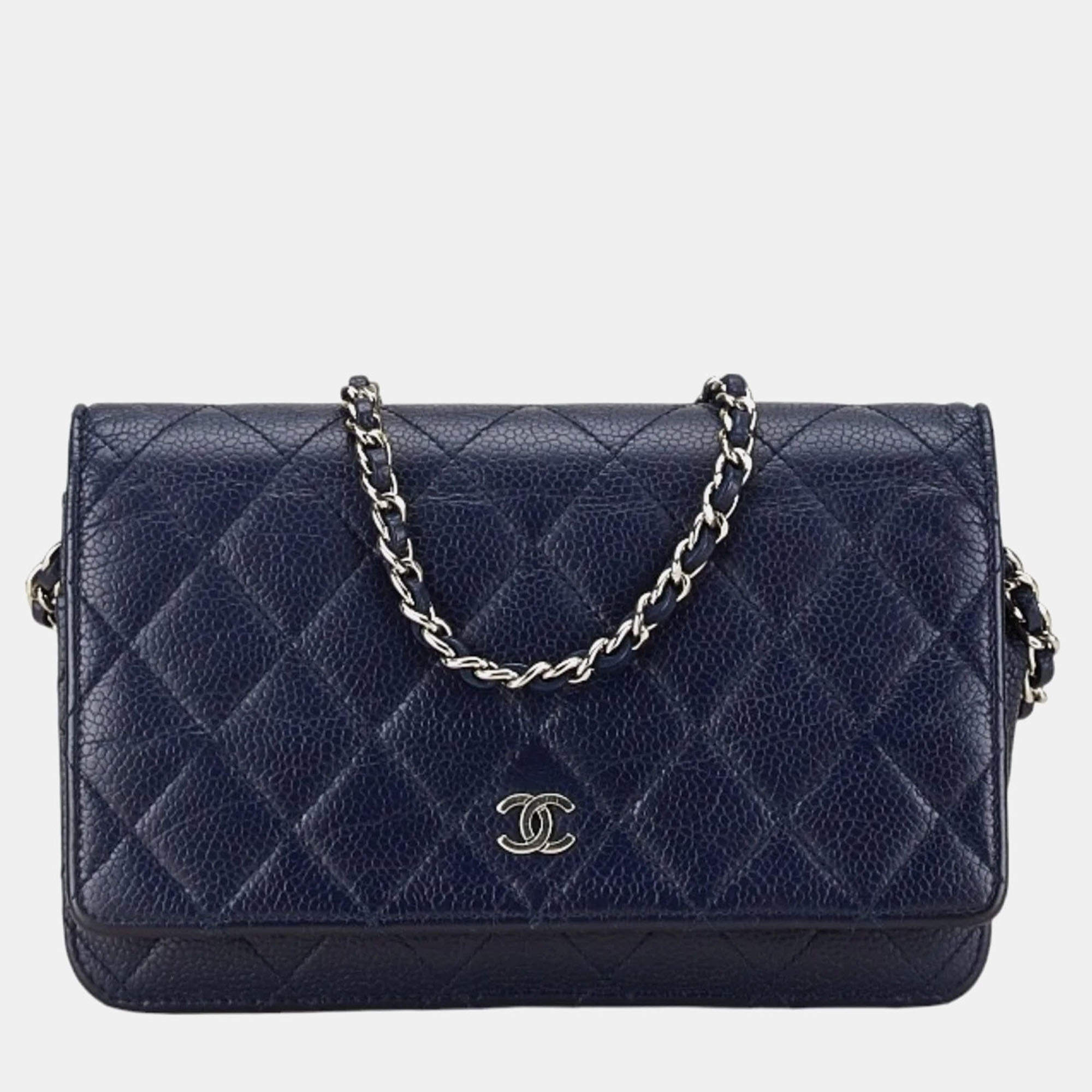 Chanel Navy Blue Caviar Leather Wallet on Chain