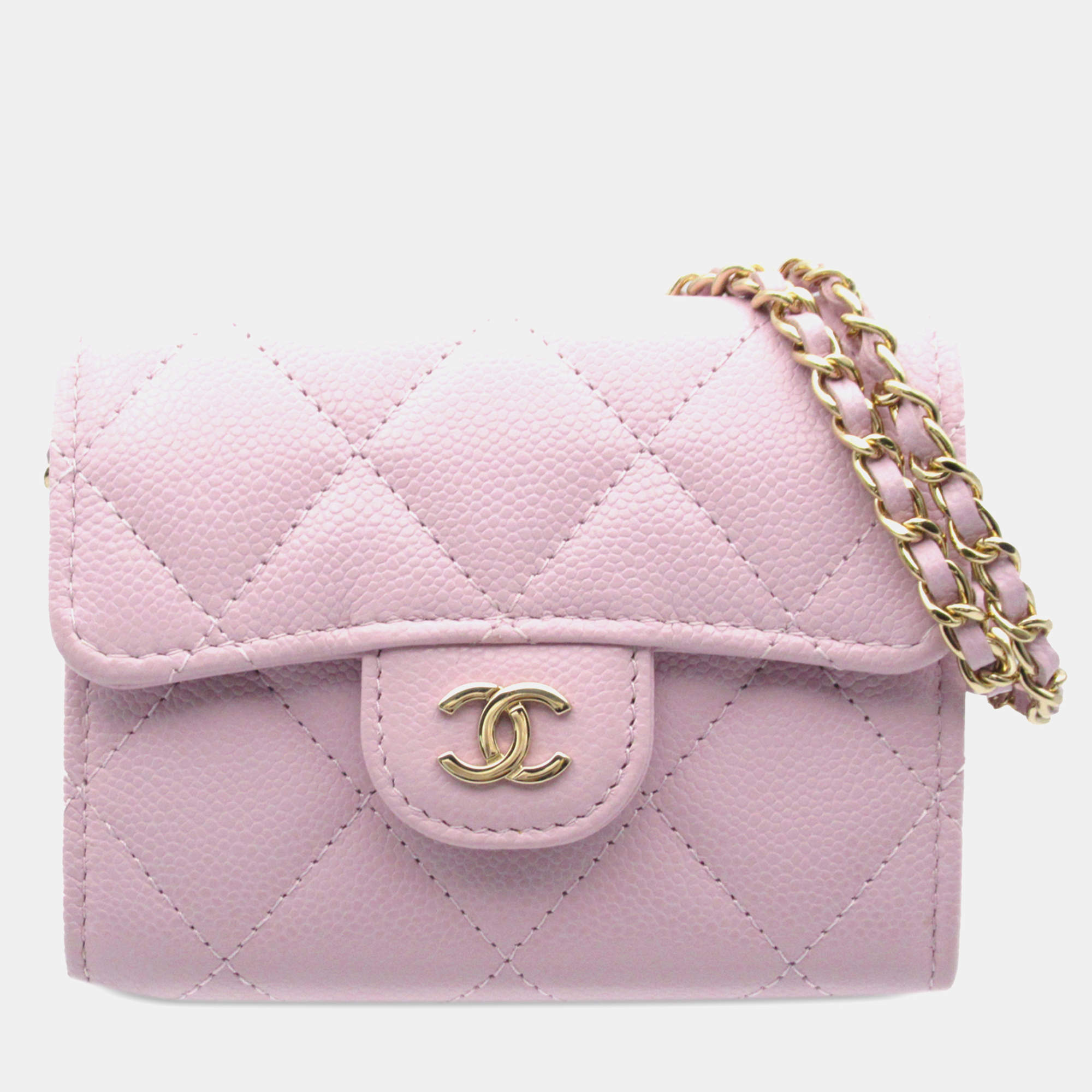 Chanel Pink CC Quilted Caviar Flap Card Holder on Chain Bag