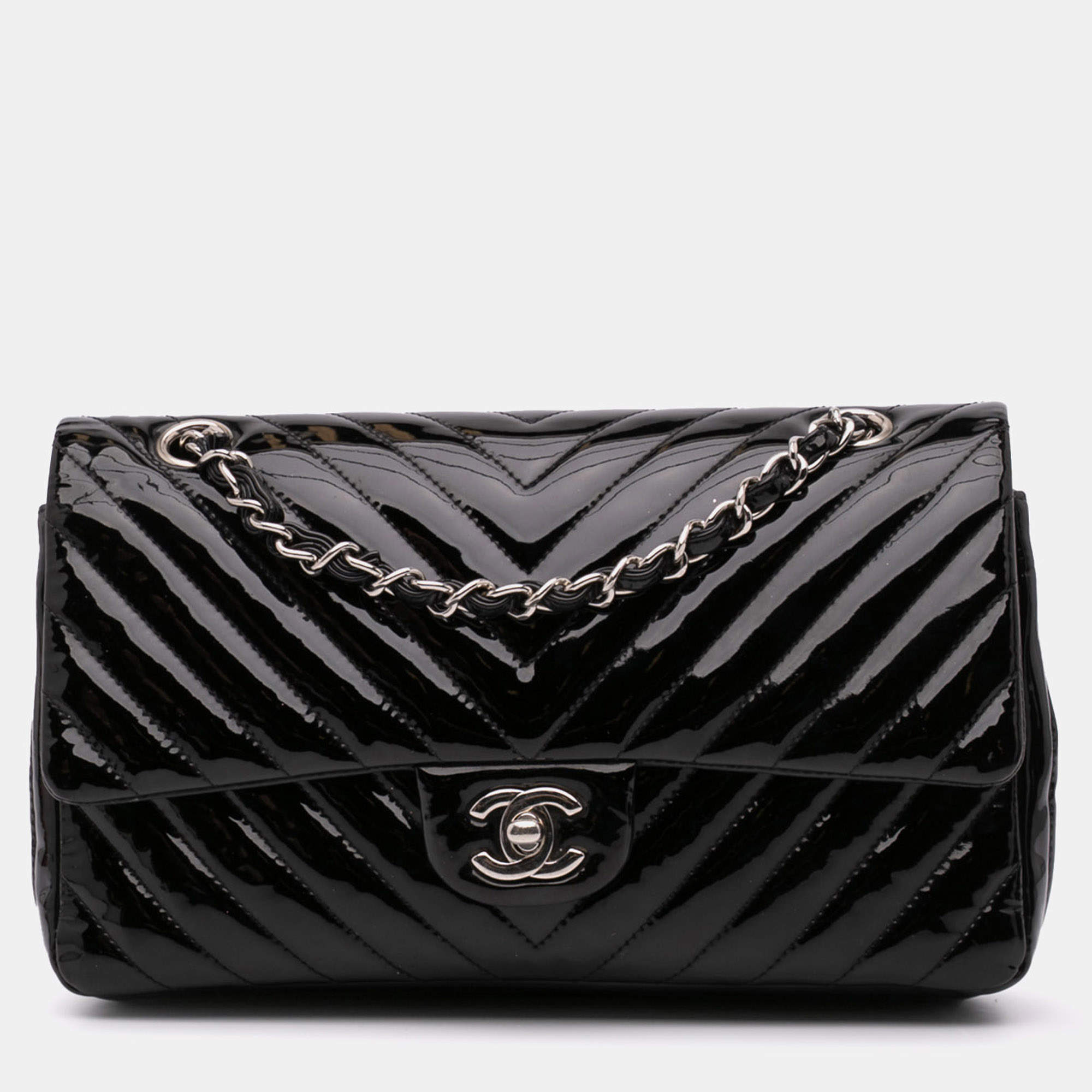 Pre Owned Chanel Black Medium Classic Chevron Patent Double Flap Bag
