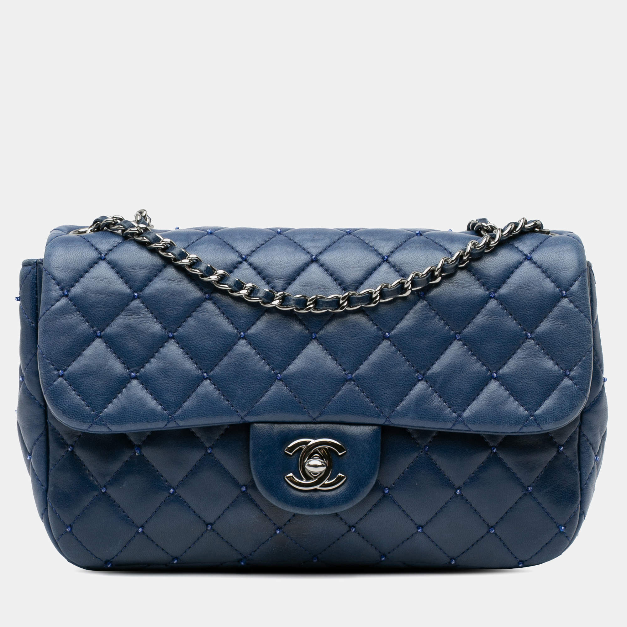 Chanel Blue Small Quilted Lambskin Beaded Single Flap Bag