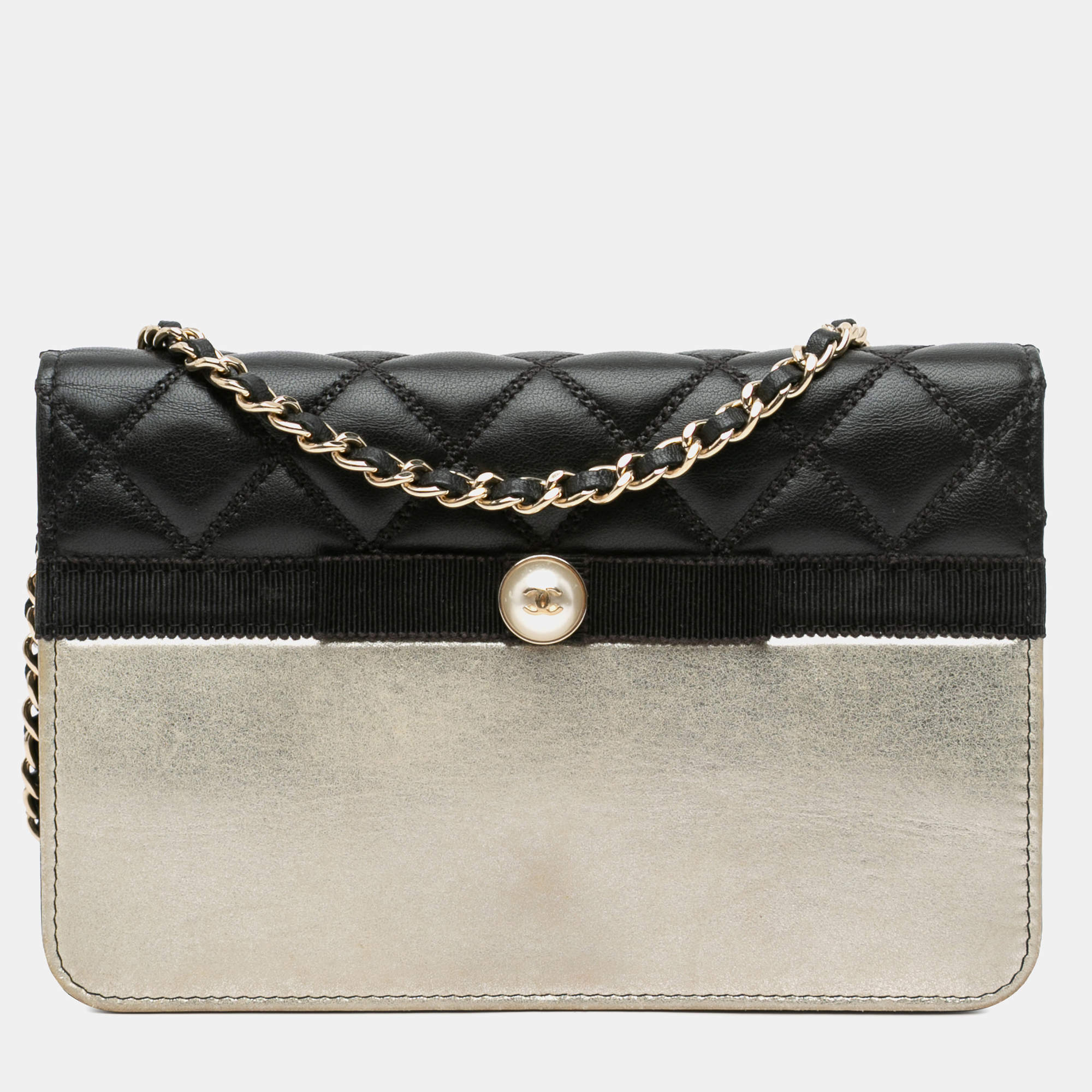 Chanel Black/Gold Paris in Rome CC Bicolor Quilted Lambskin Wallet On Chain