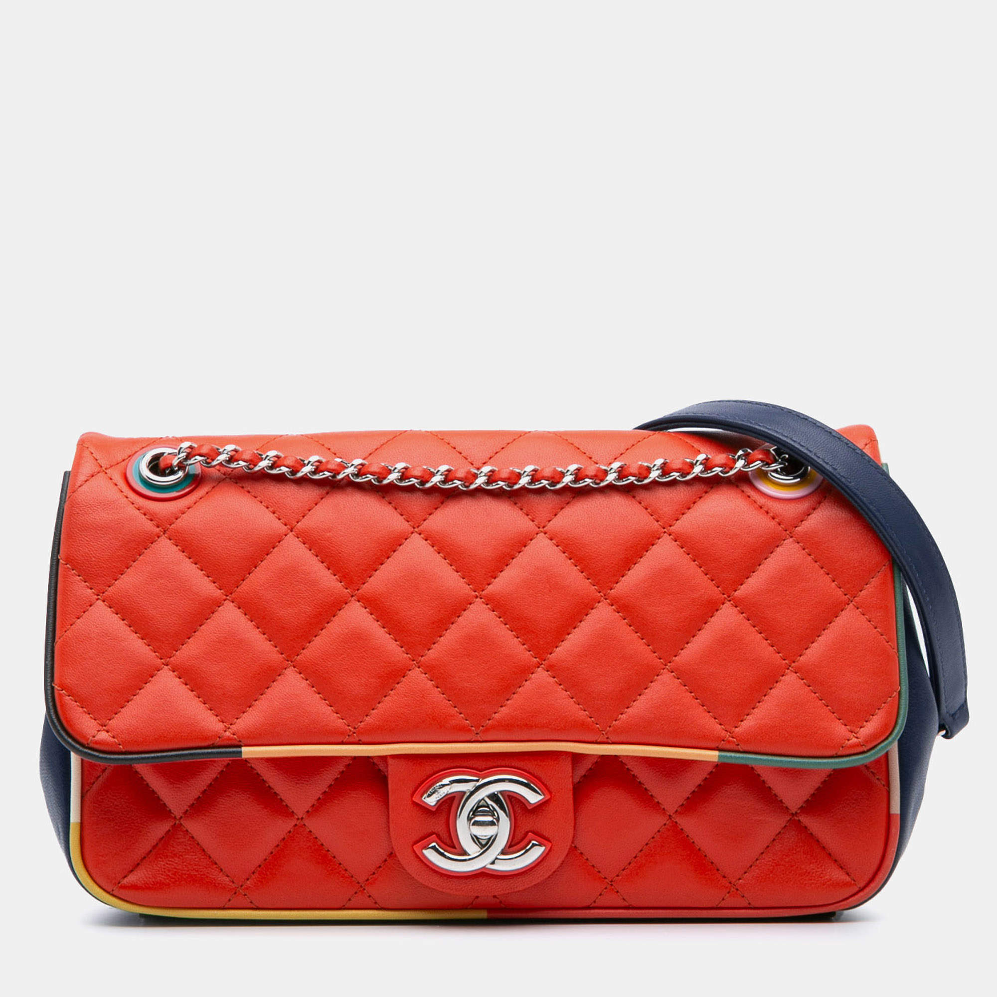 Pre Owned Chanel Navy Blue/Red Medium Quilted Lambskin Cuba Color Flap Bag