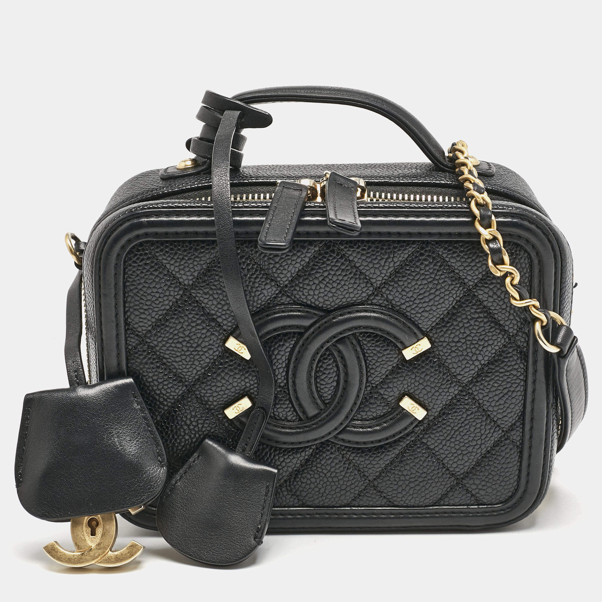 Pre Owned Chanel Black Quilted Caviar Leather Small CC Filigree Vanity Case Bag
