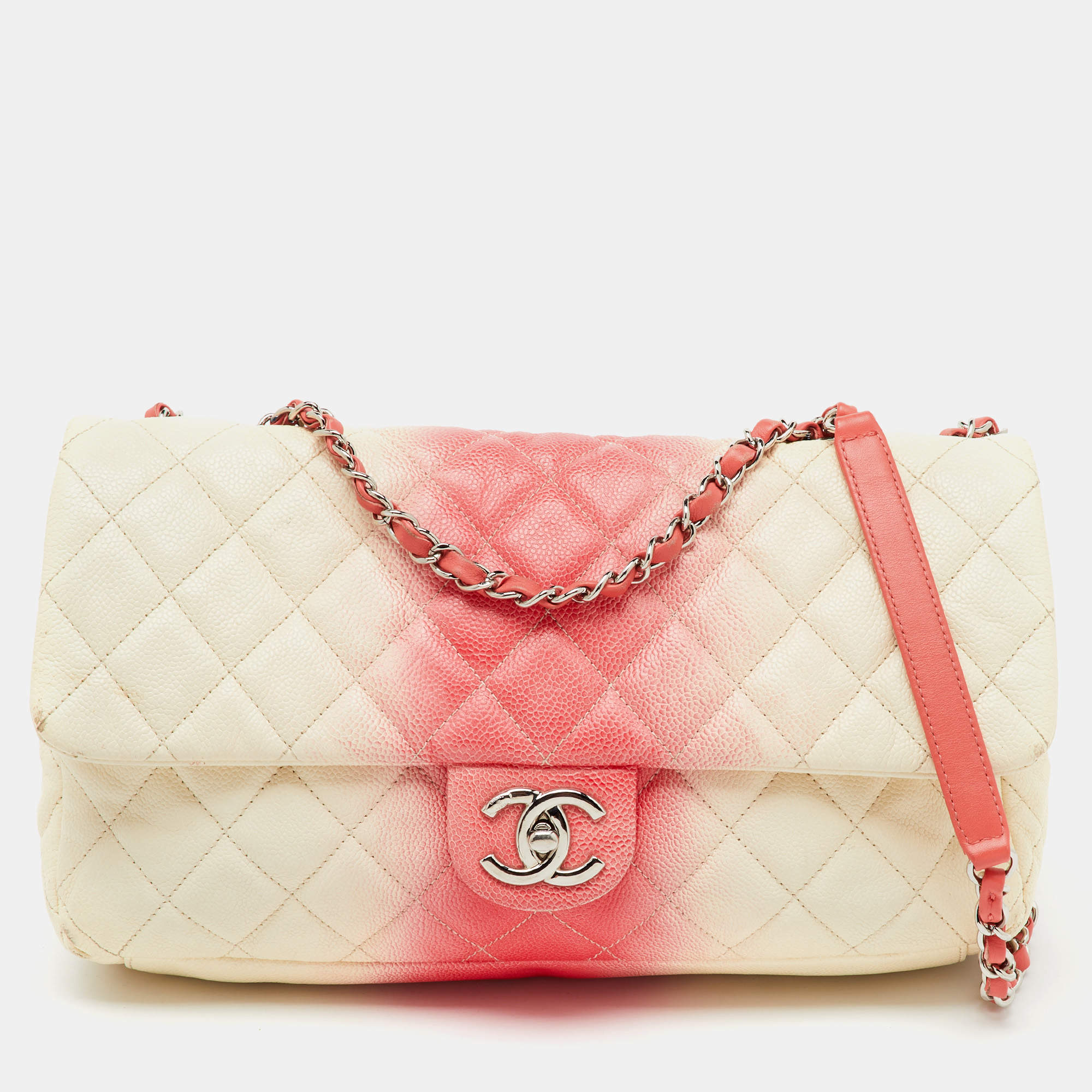 Chanel White/Peach Ombré Quilted Caviar Leather Jumbo Classic Single Flap Bag