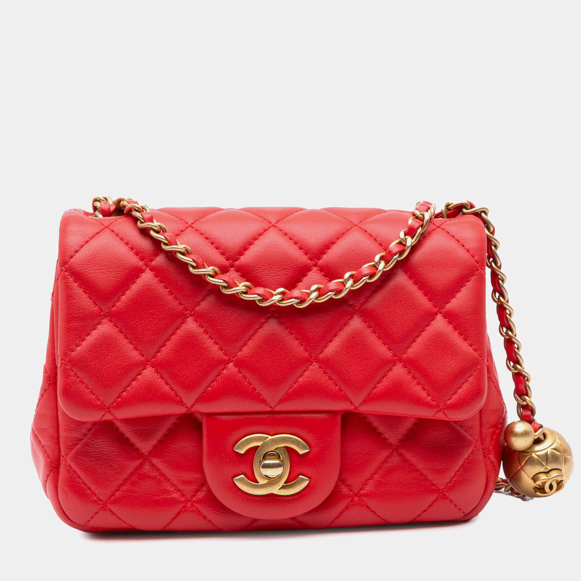 Pre Owned Chanel Red Mini Square Classic Lambskin Pearl Crush Single Flap Bag