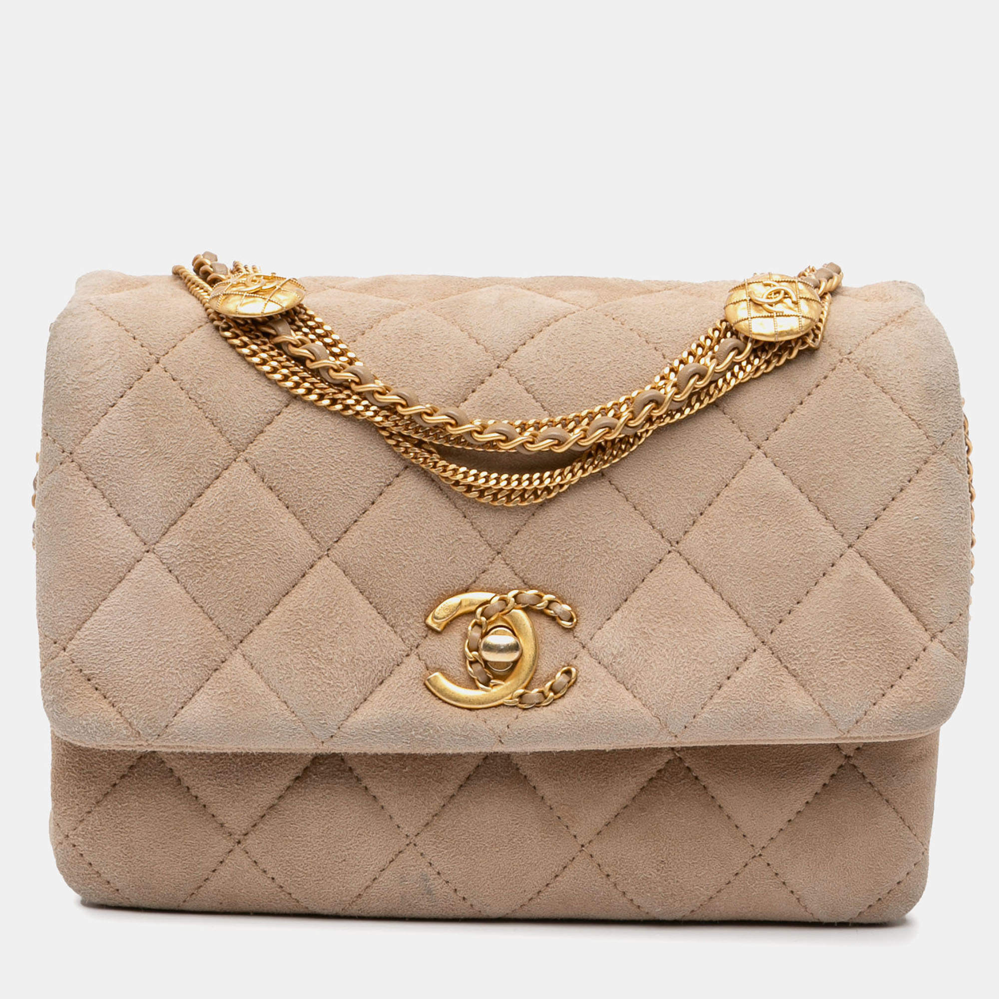 Pre Owned Chanel Beige Mini Quilted Velvet Precious Buttons Chain Flap Bag