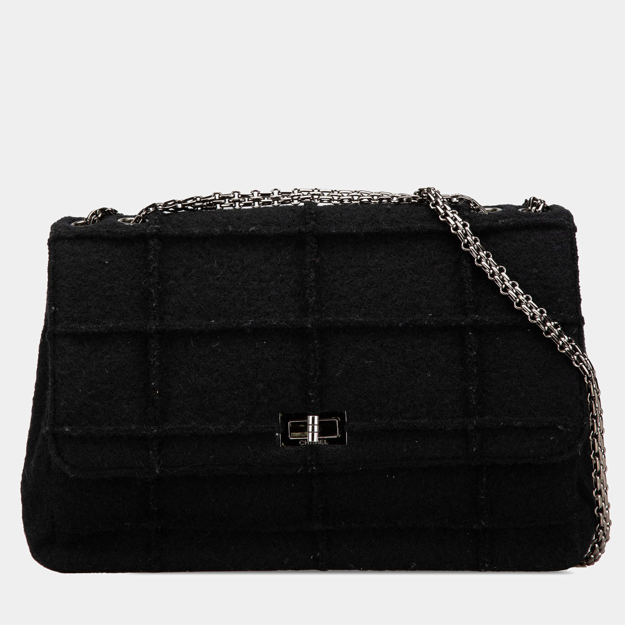 Pre Owned Chanel Black Wool Quilted Jumbo Reissue 2.55 Choco Bar Flap Bag