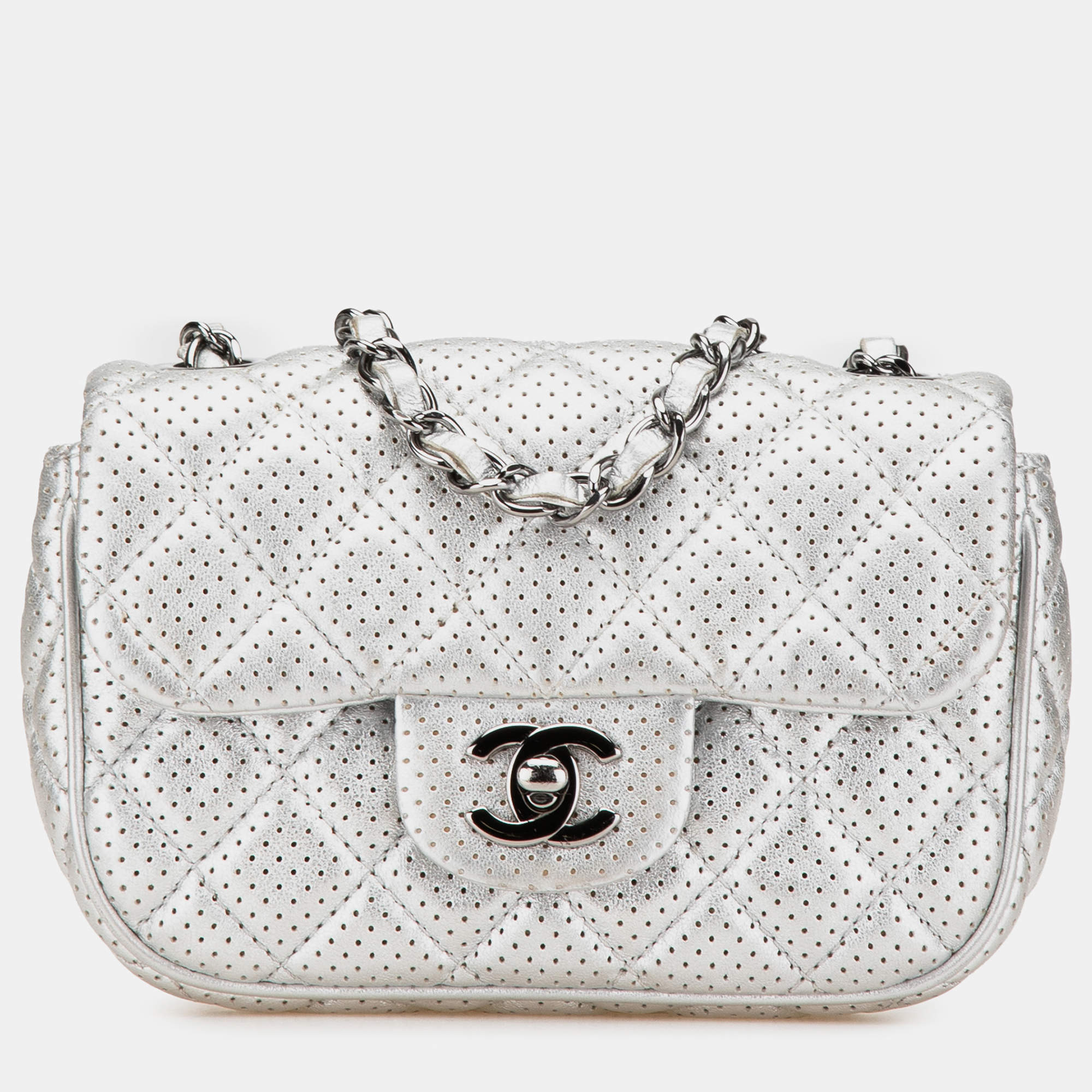 Pre Owned Chanel Silver Mini Perforated Lambskin Punch Flap
