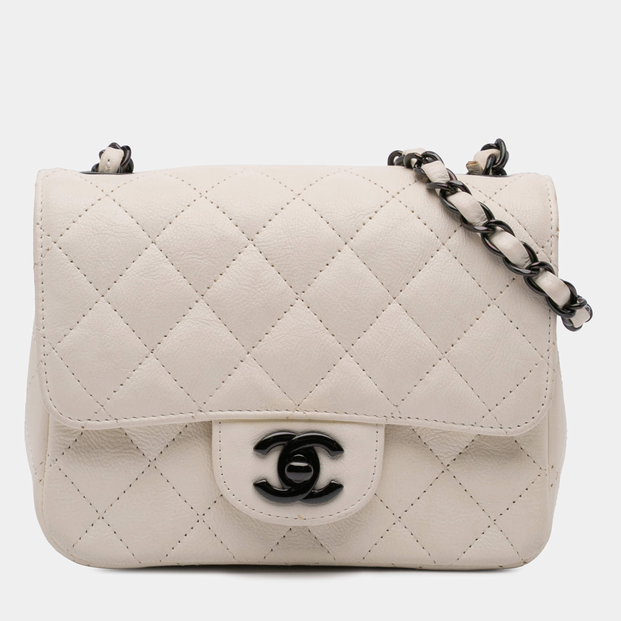 Pre Owned Chanel Ivory Leather Mini Square Classic Single Flap Bag