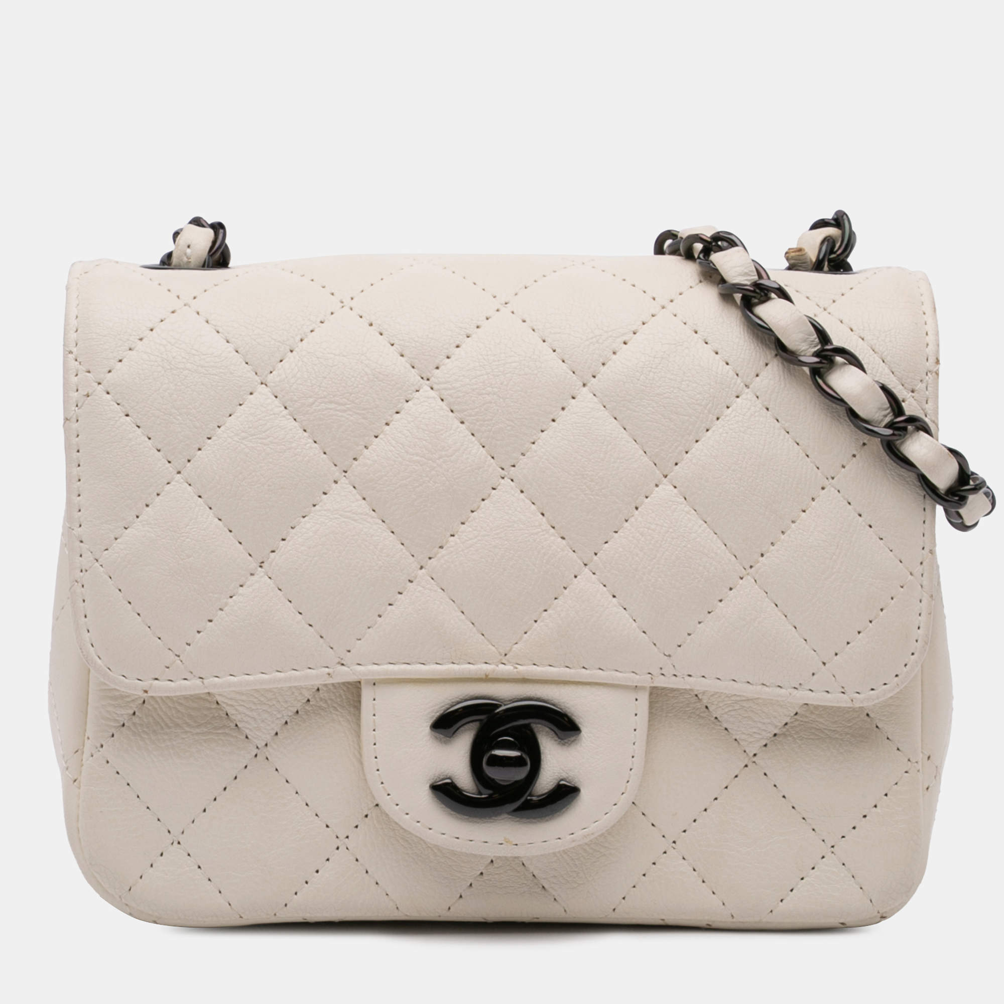 Pre Owned Chanel Ivory Leather Mini Square Classic Single Flap Bag